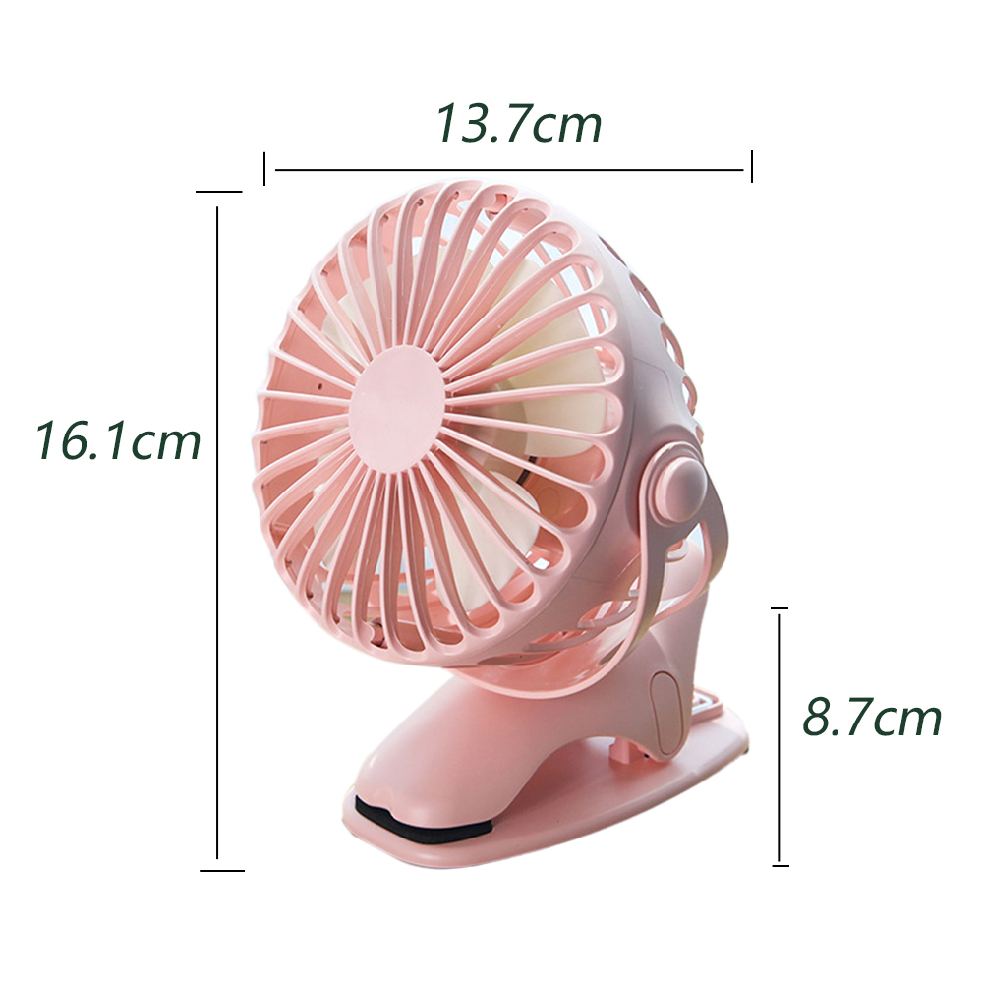 Ein kleiner rosa Ventilator mit Klemme und Maßen.