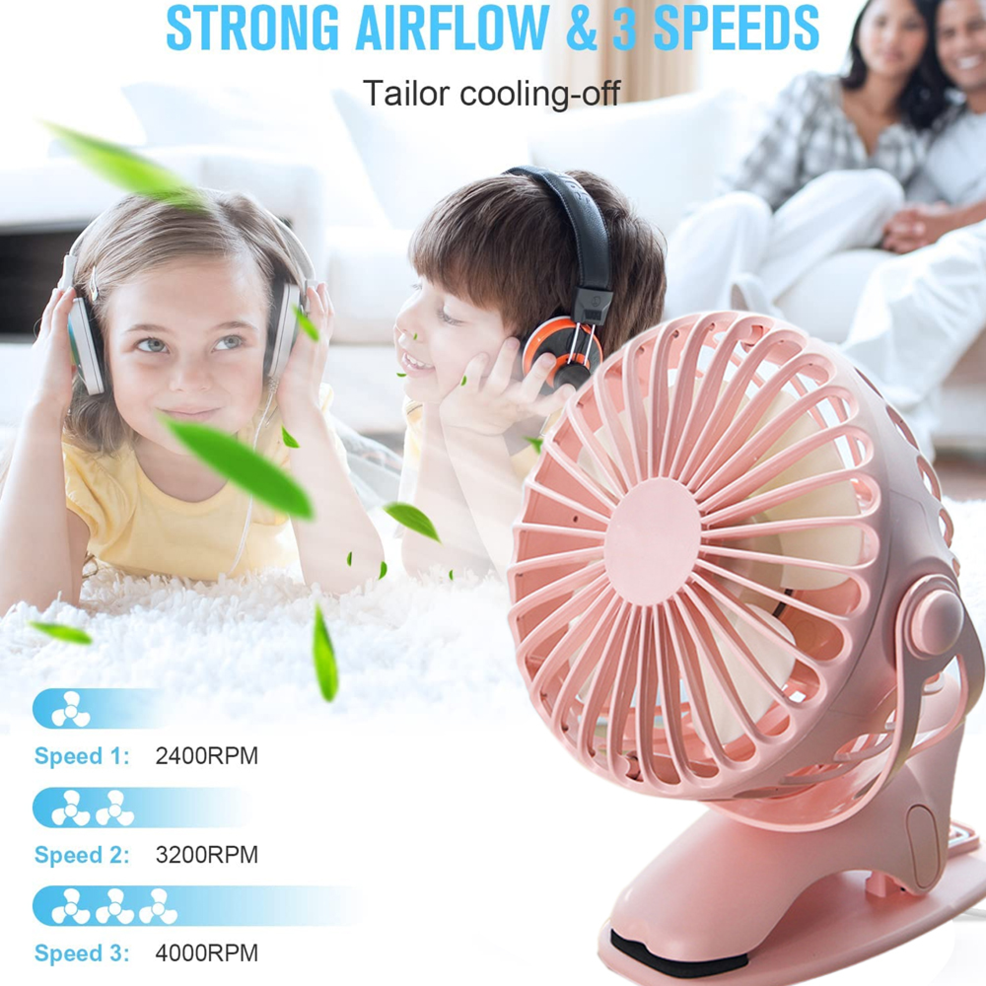 Ein rosa Ventilator mit drei Geschwindigkeiten und Kinder mit Kopfhörern.