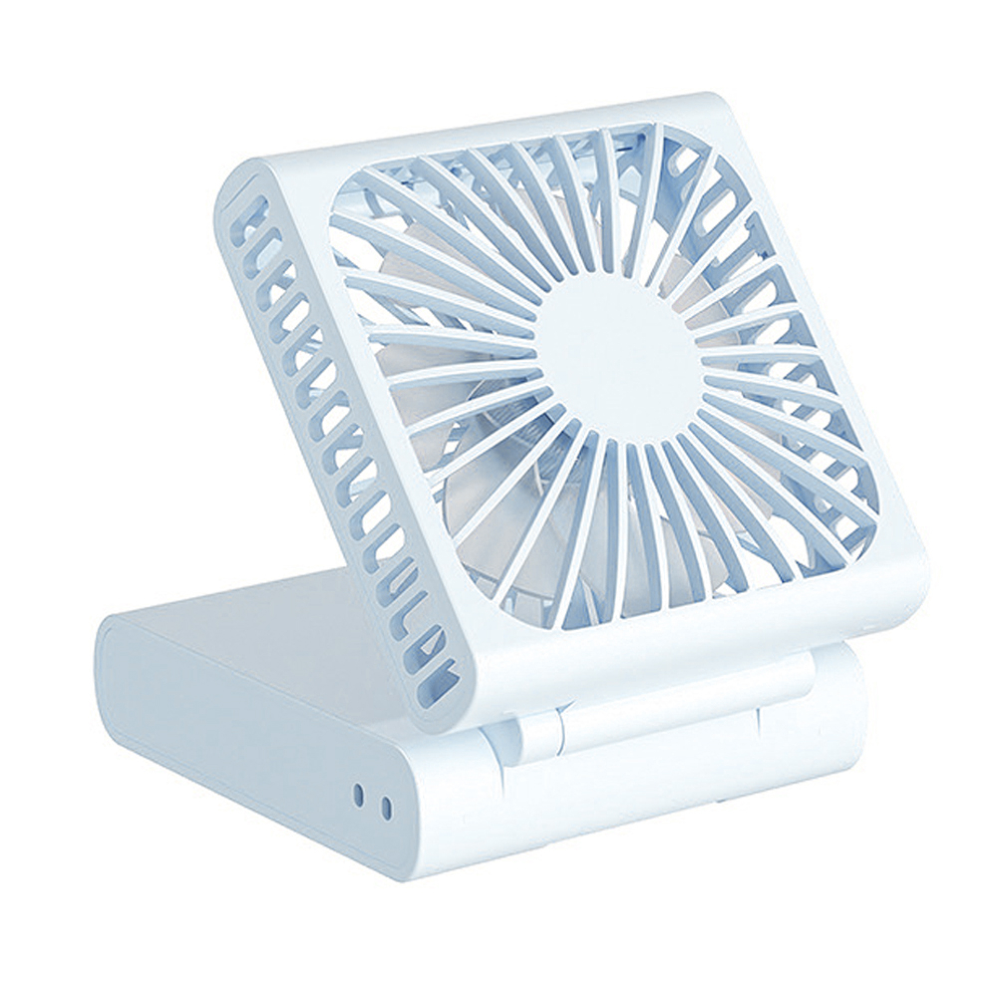 Ein kleiner, weißer, faltbarer Ventilator auf einem weißen Hintergrund.