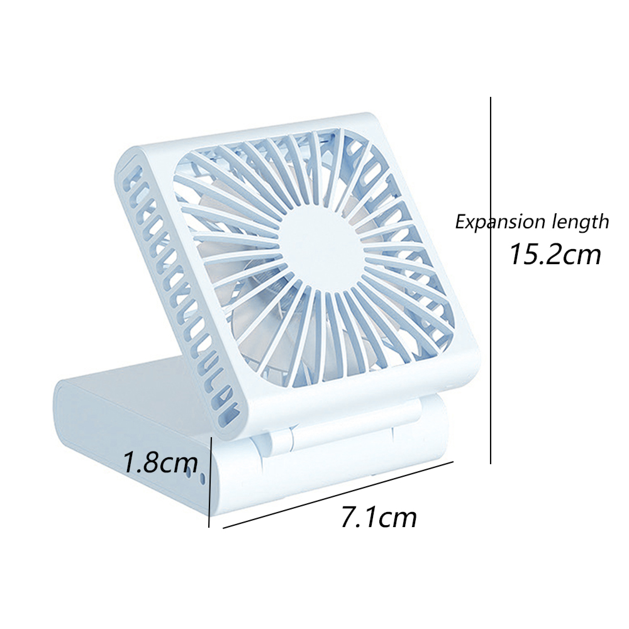 Ein kleiner weißer Ventilator mit ausgeklapptem Fuß. Maße sind angegeben.