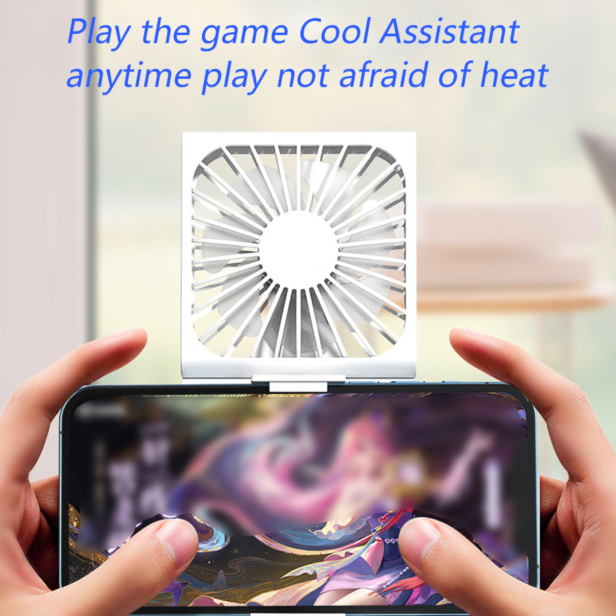 Eine weiße Handy-Lüfterhalterung ist an einem Smartphone befestigt, das ein Spiel zeigt.