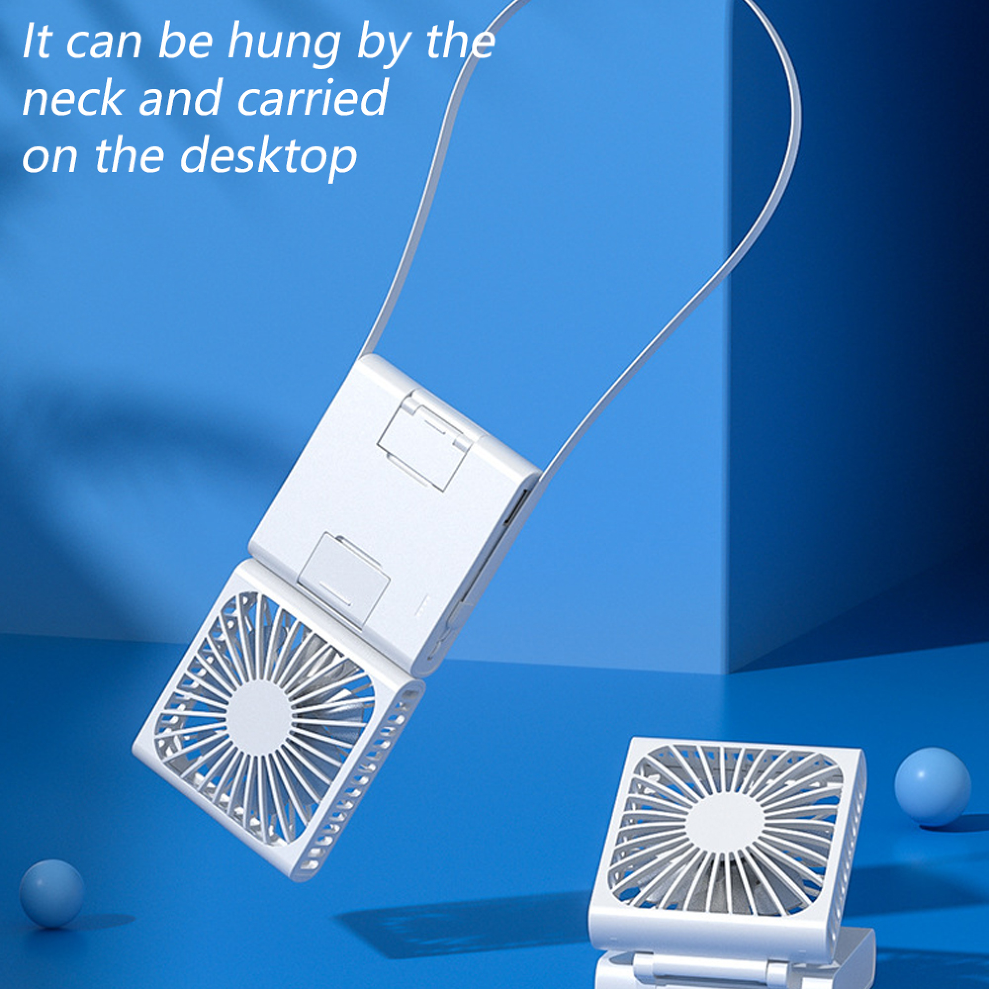 Ein weißer Nackenventilator mit zwei Lüftern, blauem Hintergrund.