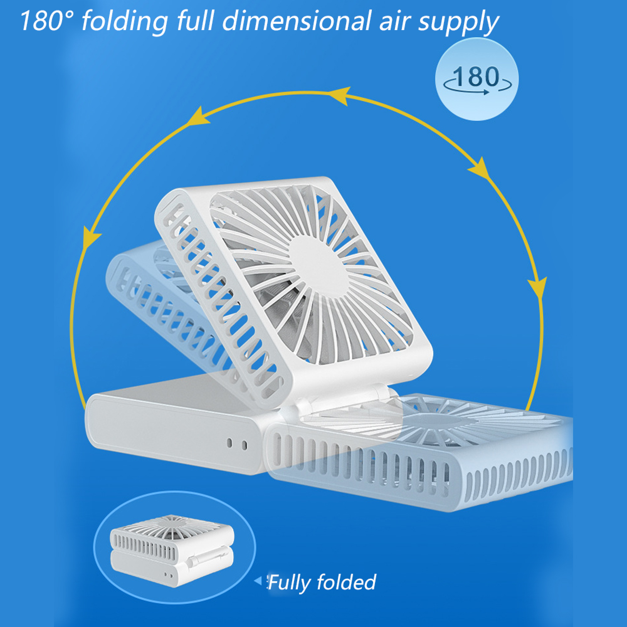 Ein weißer, faltbarer Ventilator mit 180°-Drehung auf blauem Hintergrund.