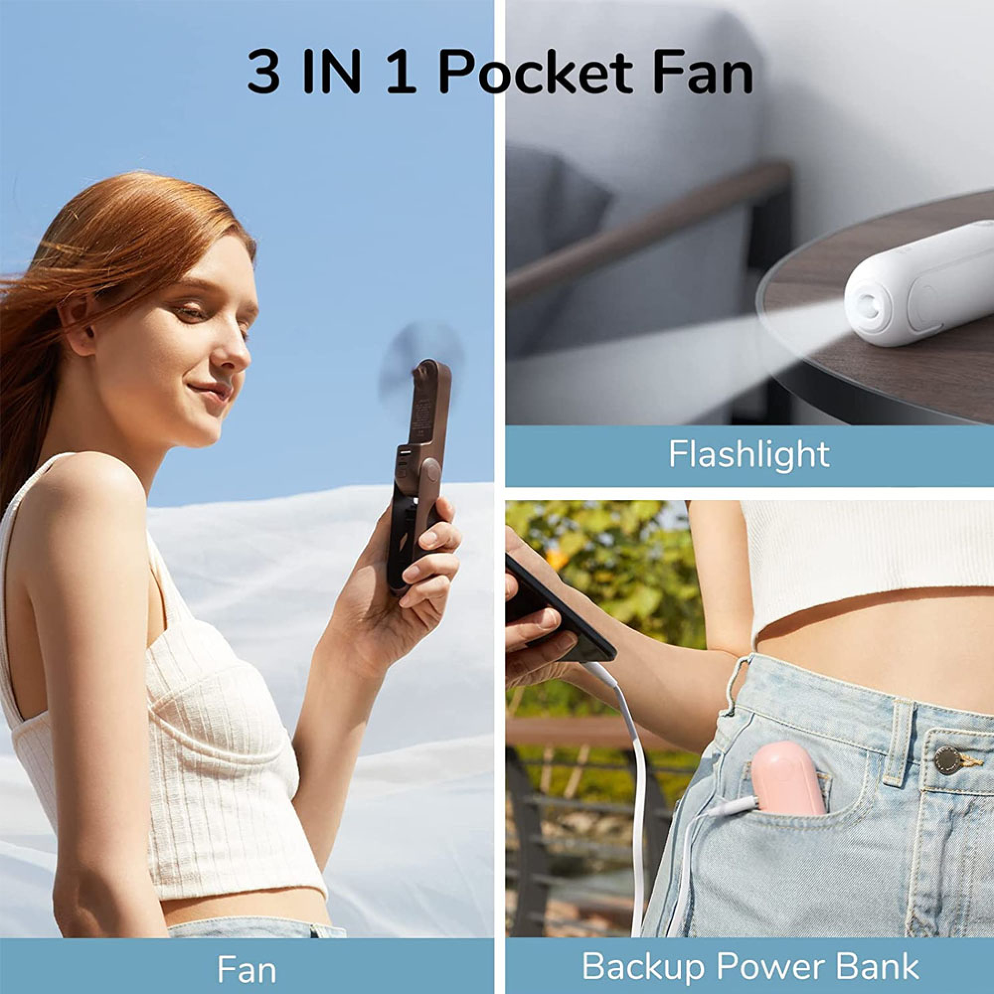Collage: Frau mit Ventilator, Taschenlampe auf Tisch, rosa Powerbank in Jeanstasche.