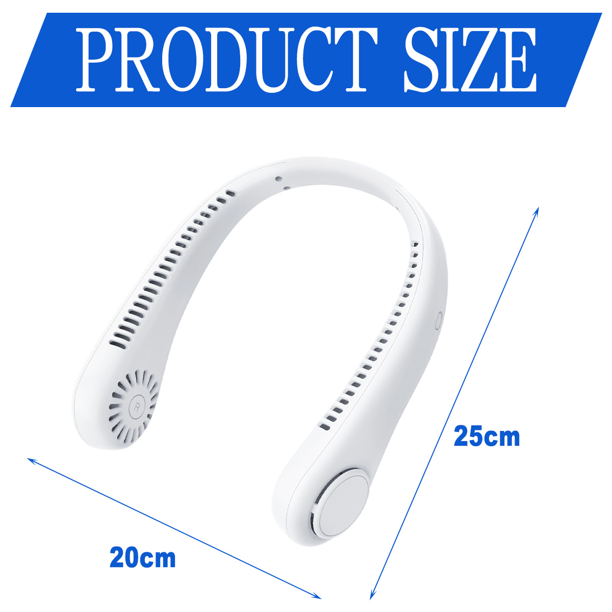 Ein weißer Nackenventilator mit 20 cm Breite und 25 cm Höhe.