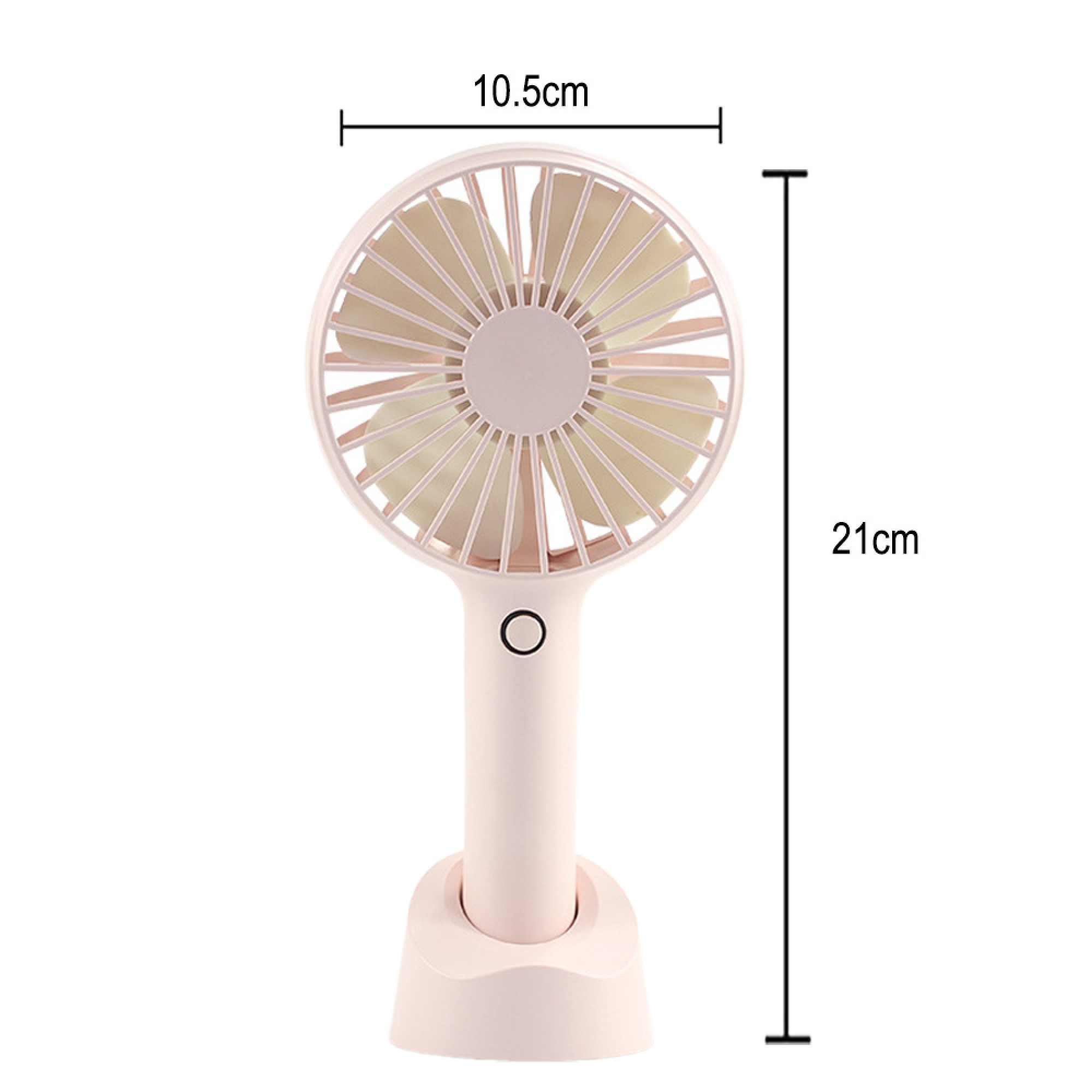Ein pinker Handventilator mit weißem Sockel. Maße: 10,5 cm breit, 21 cm hoch.