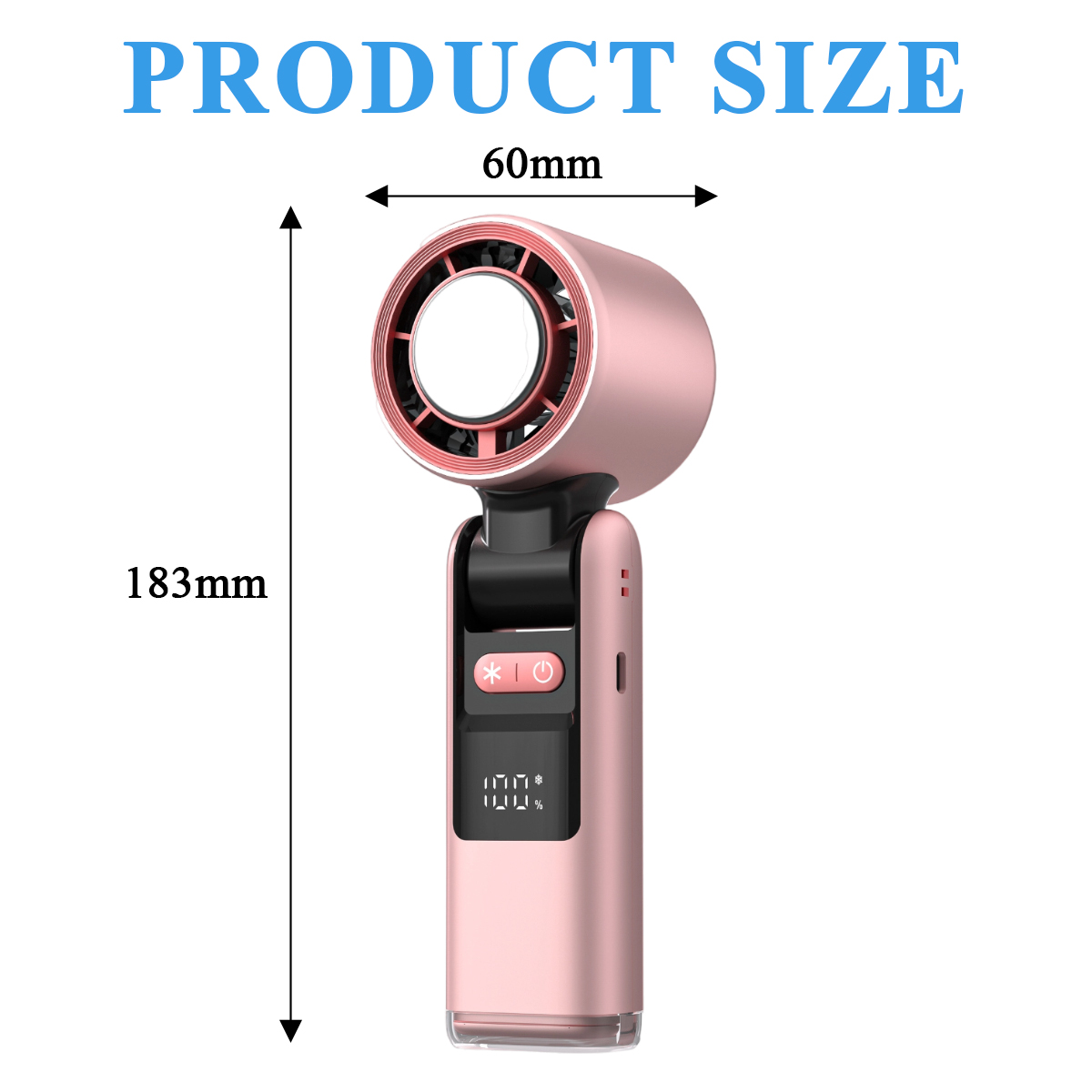 Pinker tragbarer Ventilator, 183mm hoch, 60mm breit, mit Anzeige 100%.