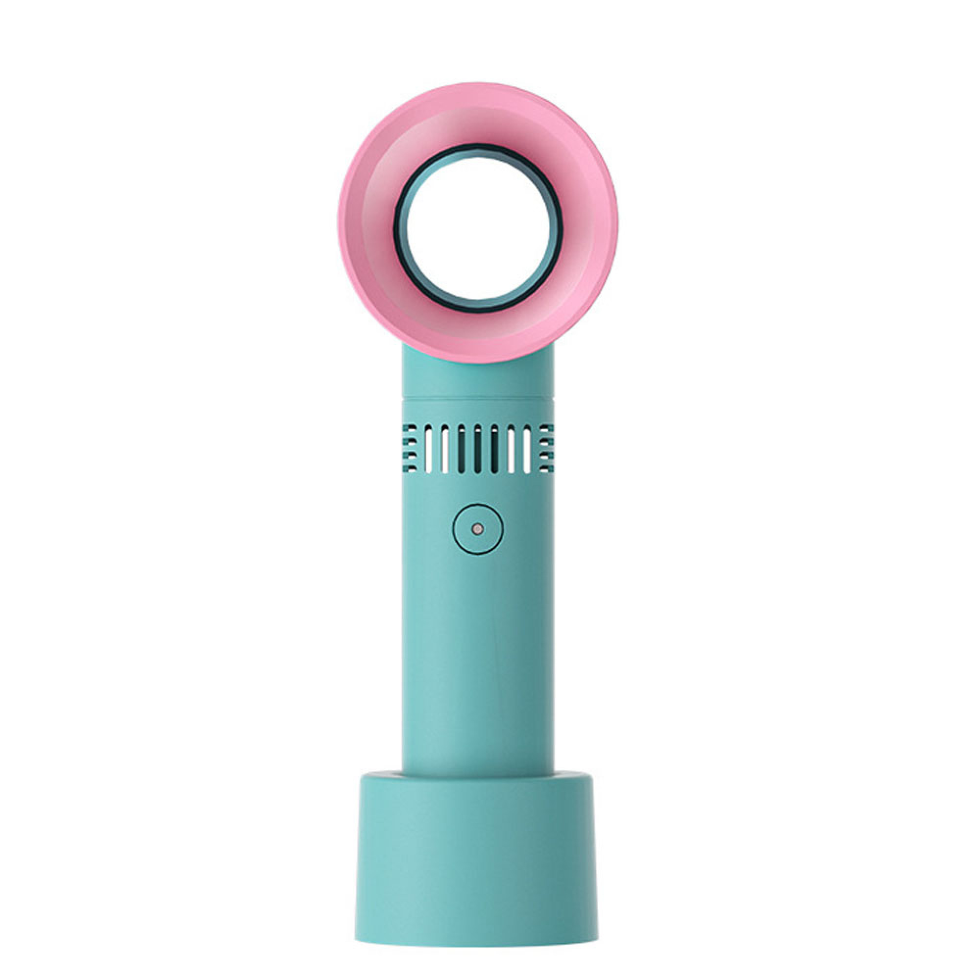 Ein blauer Handventilator mit pinkem Ring und schwarzem Loch.