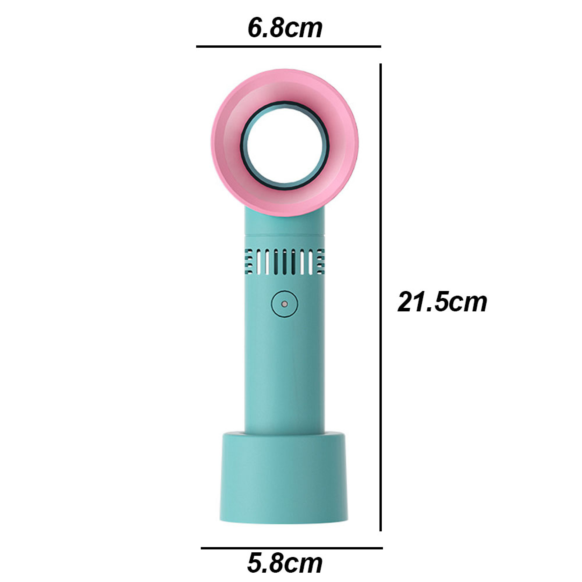 Ein blauer Handventilator mit rosa Ring und Standfuß. Maße sind angegeben.