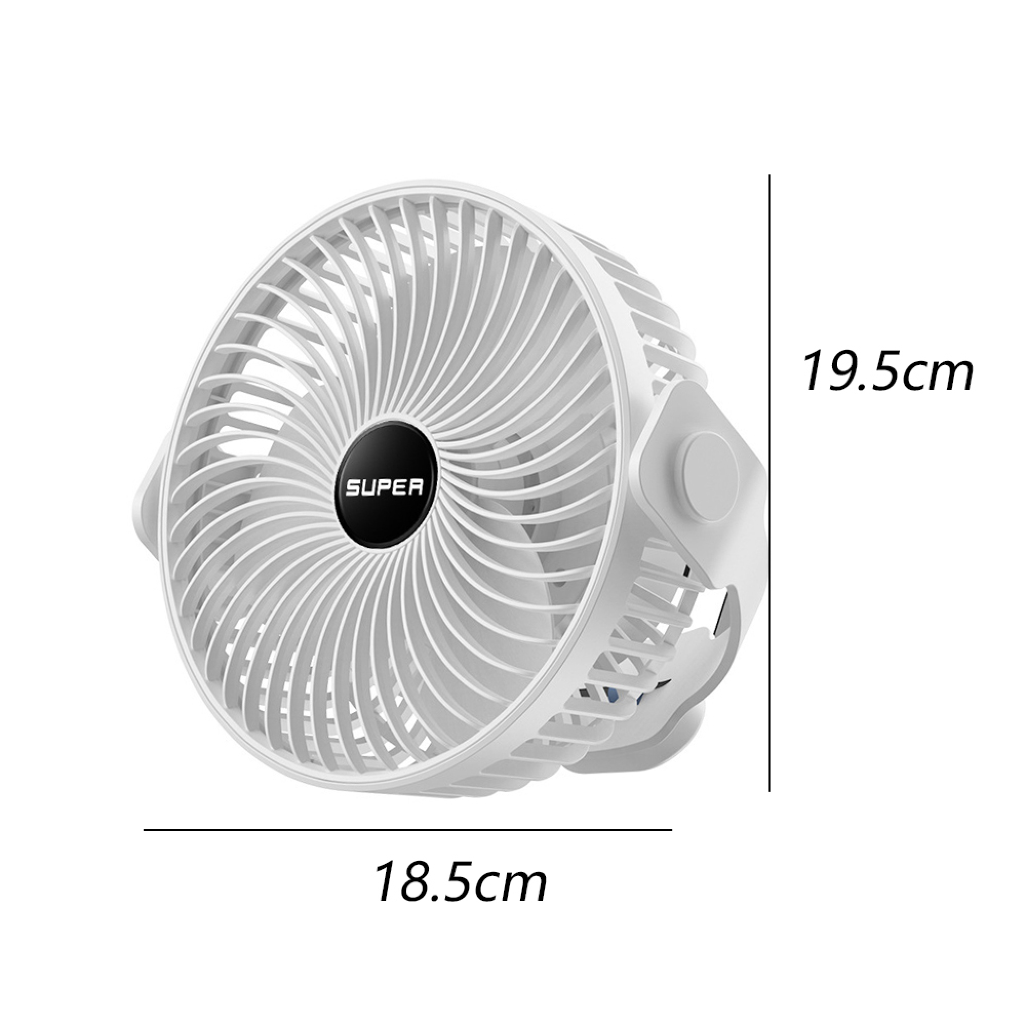 Ein weißer Ventilator mit schwarzer Mitte und den Maßen 18,5cm x 19,5cm.