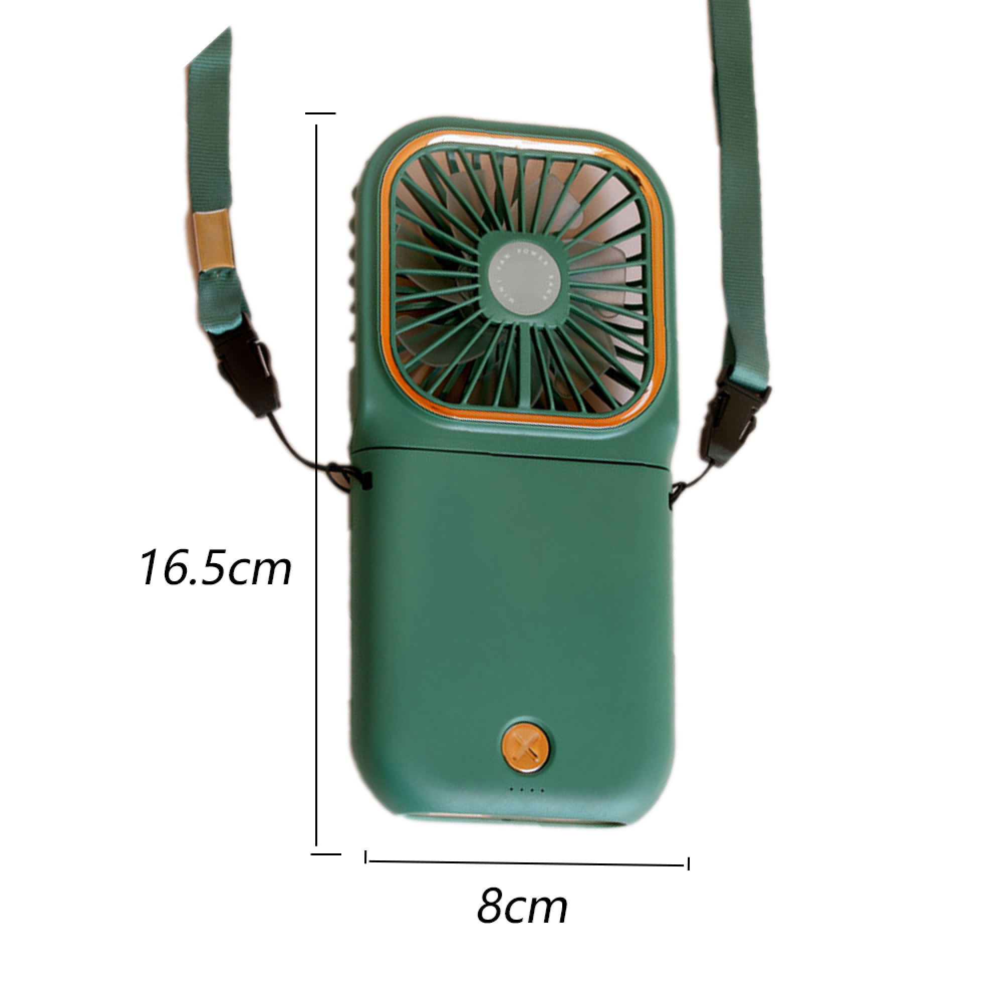 Ein grüner Nackenventilator mit orangefarbenem Rand, Lanyard und Maßangaben.