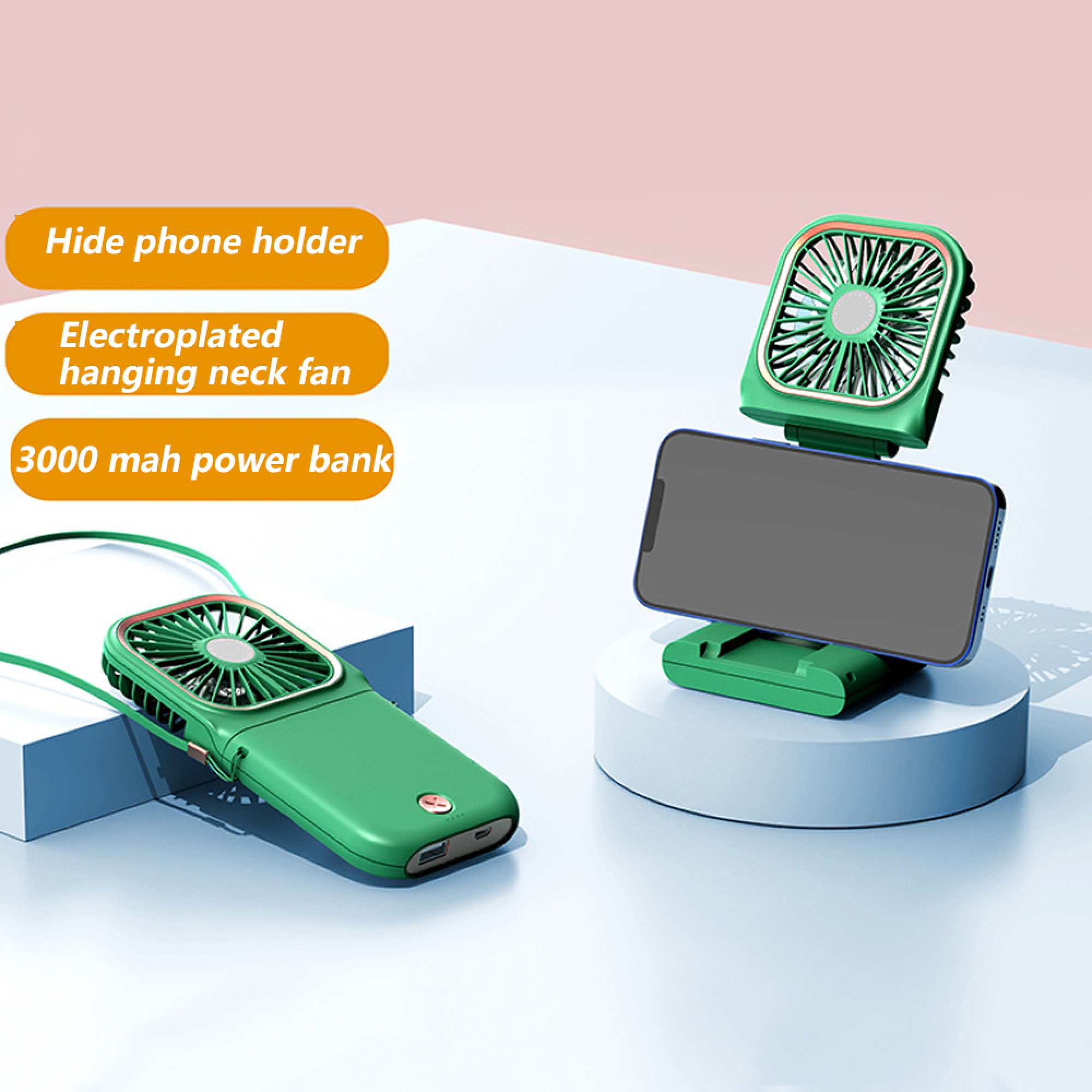 Ein grüner Nackenfächer mit verstecktem Handyhalter und Powerbank-Funktion.