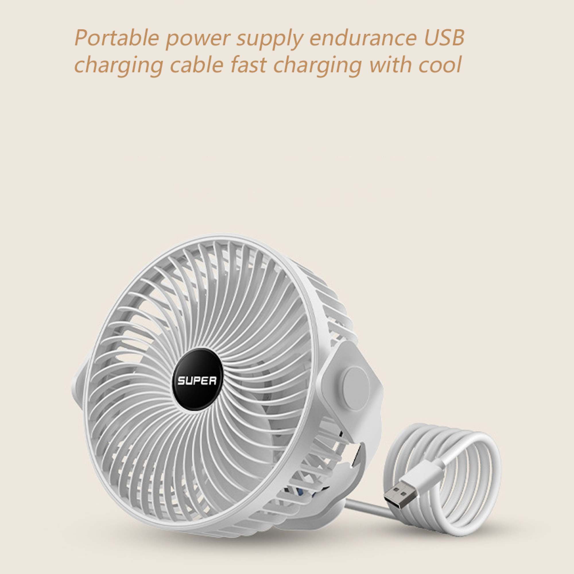 Ein weißer USB-Ventilator mit einem gewickelten Kabel und einem USB-Stecker.