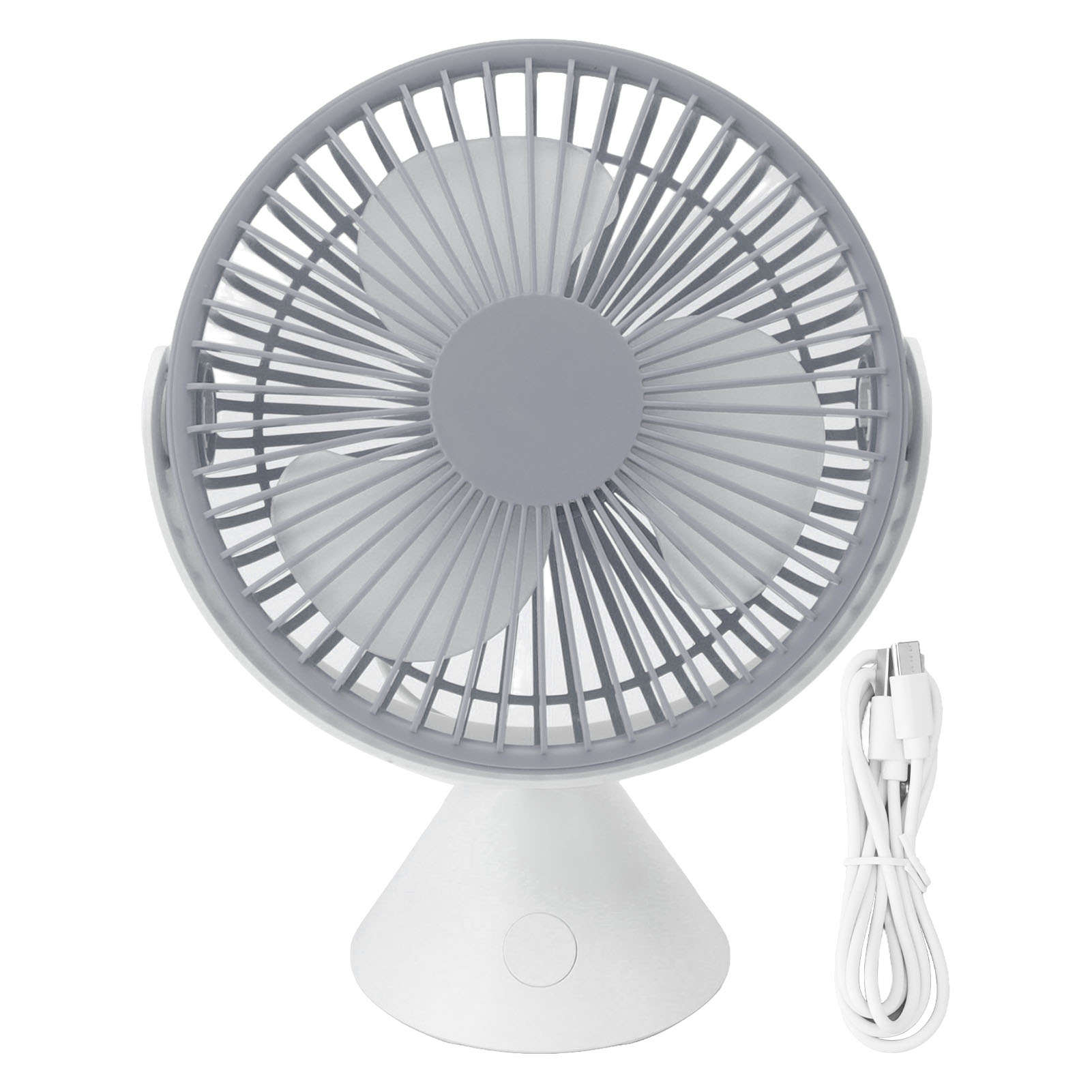 Ein tragbarer weiß-grauer Ventilator mit USB-Ladekabel auf weißem Hintergrund.