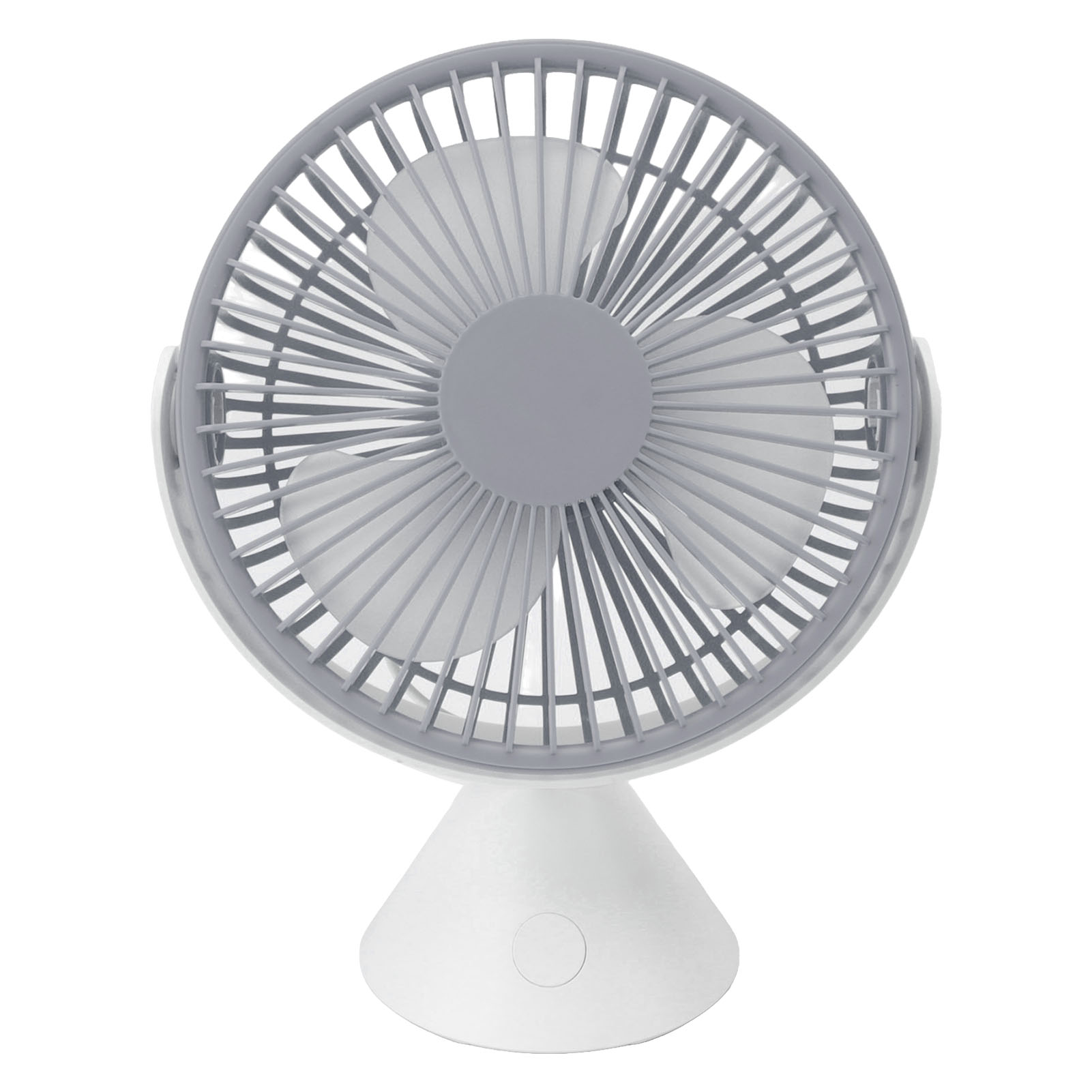 Ein kleiner, weißer und grauer Tischventilator mit runden Rotorblättern auf einem konischen Sockel.