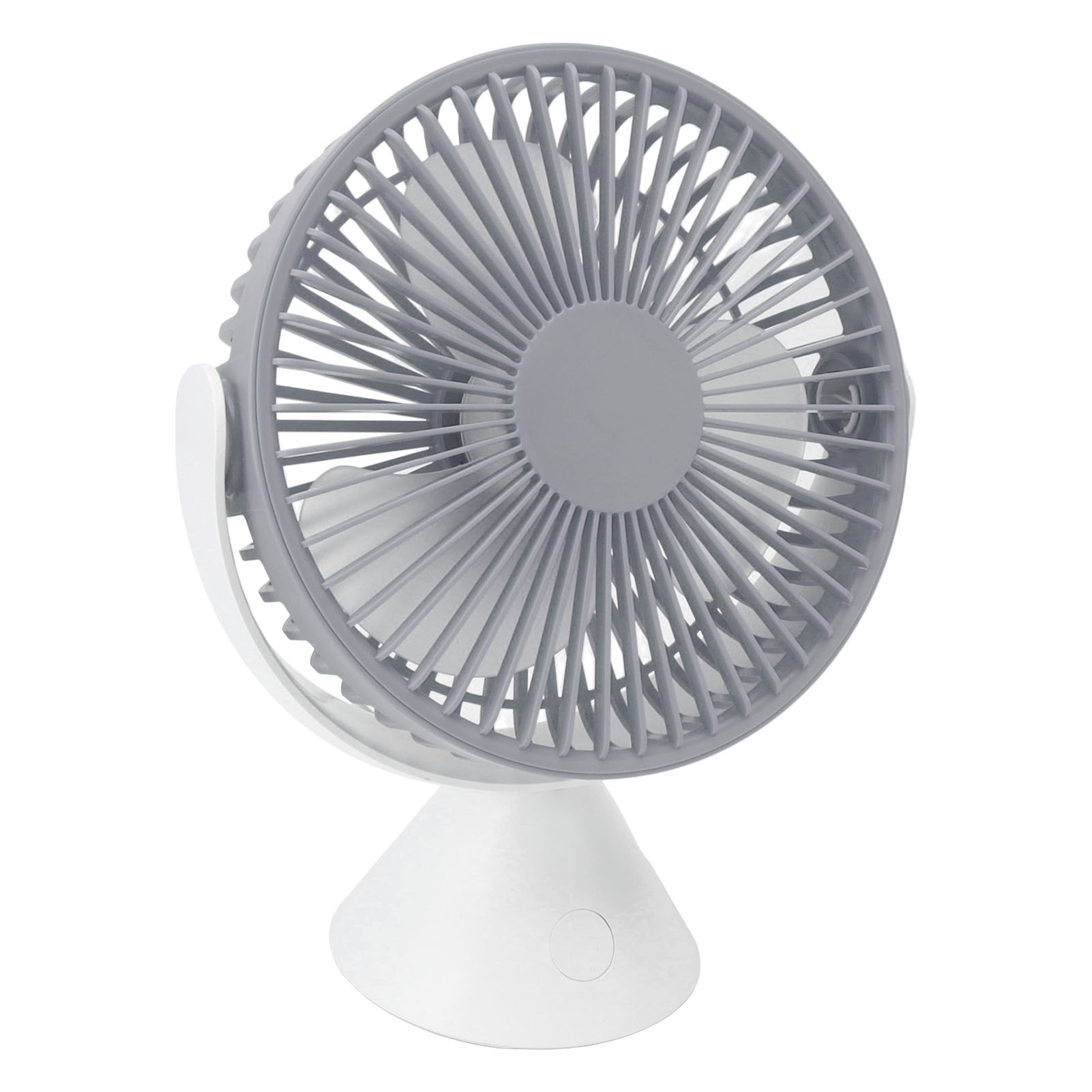 Ein kleiner, tragbarer Ventilator mit grauem Gitter und weißen Rotorblättern.