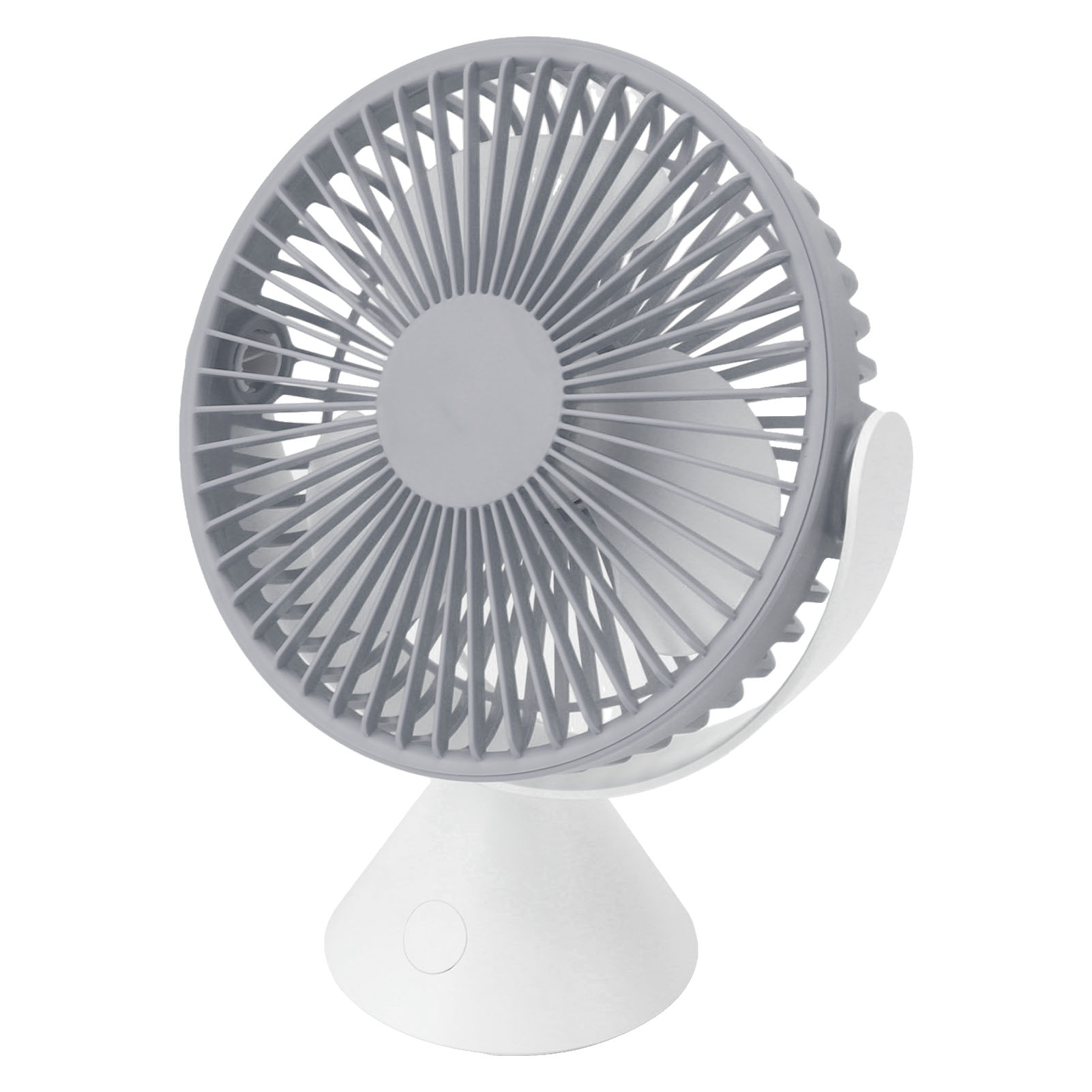 Ein kleiner, weißer und grauer Tischventilator mit einem runden Gitter.