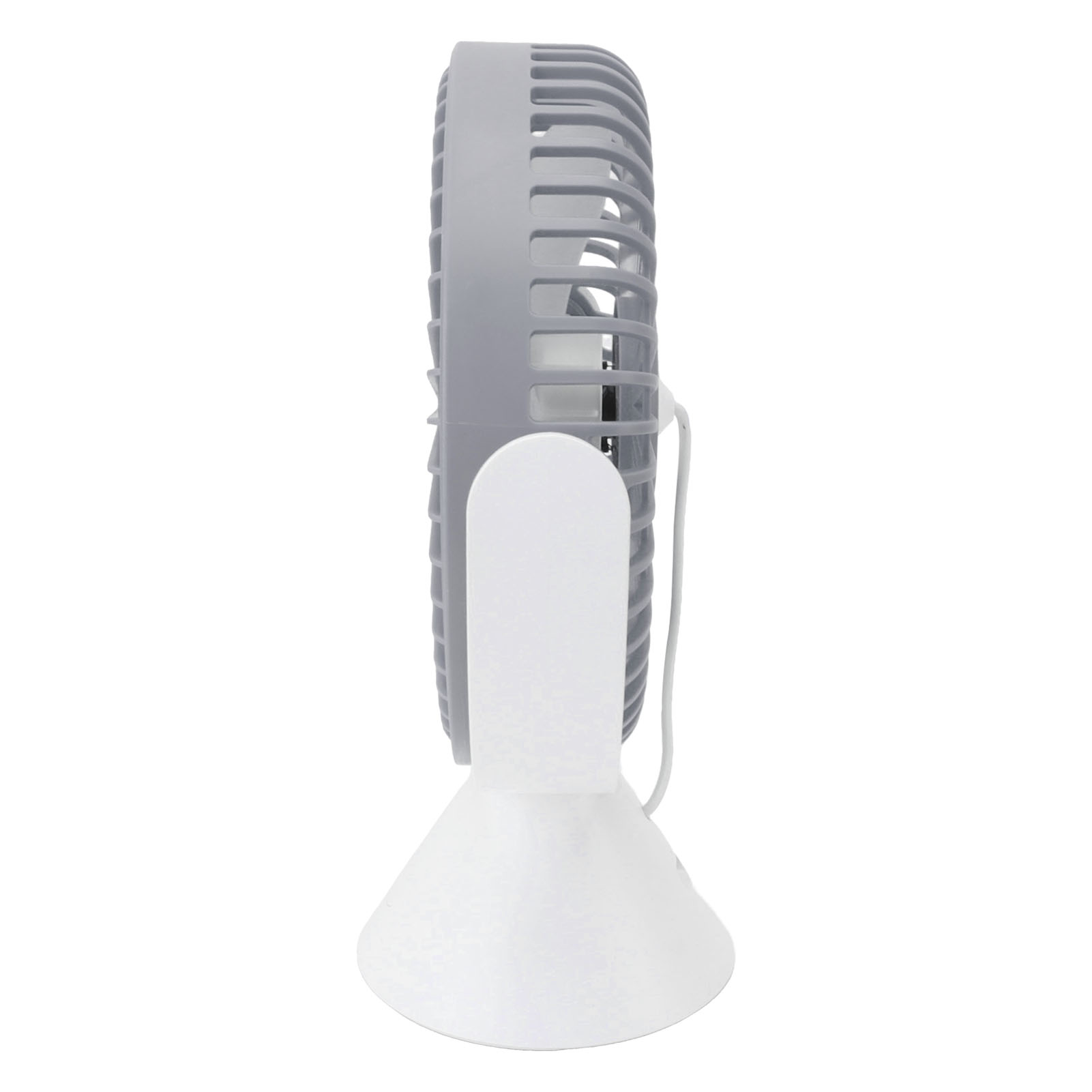 Ein grauer Tischventilator mit weißem Sockel und Ständer.