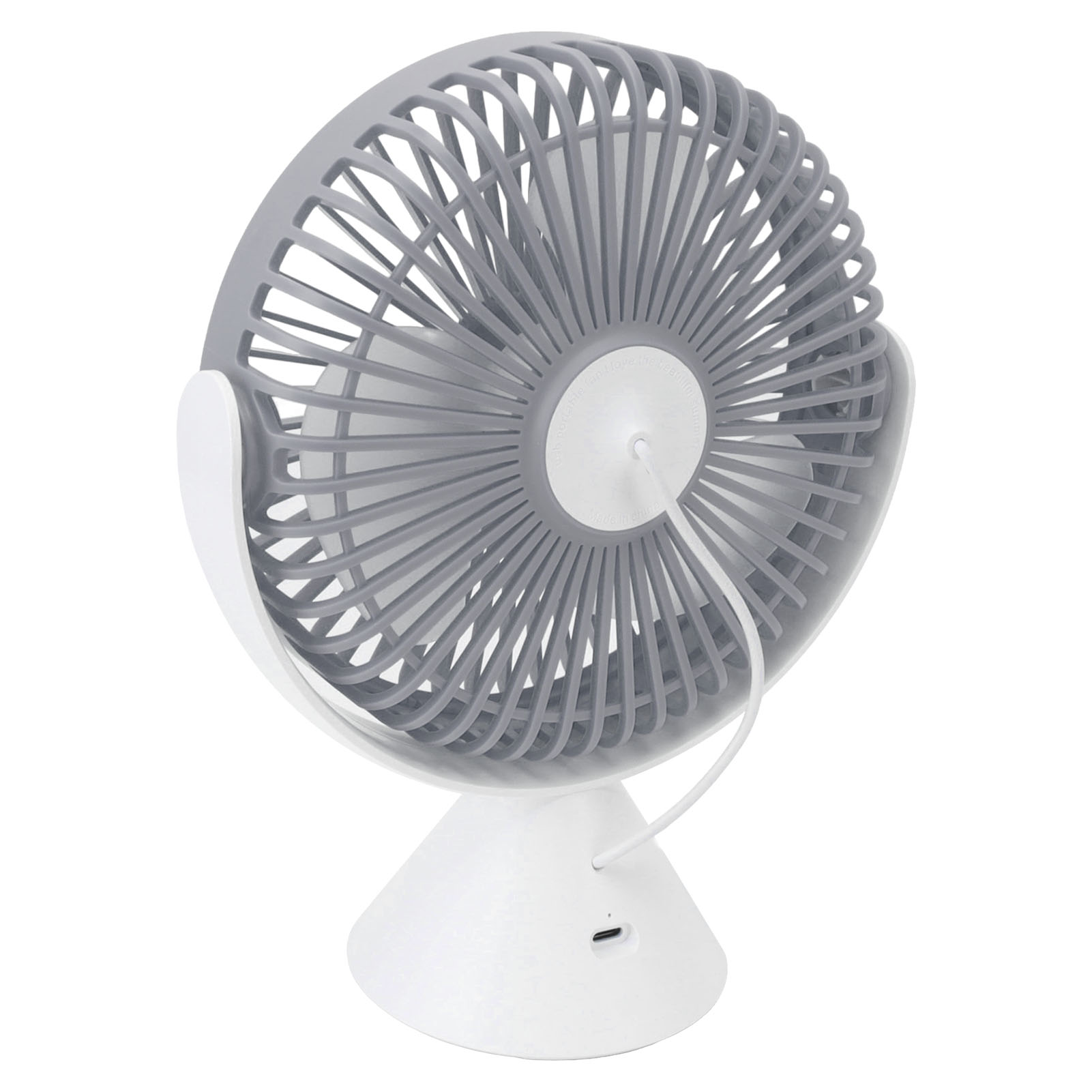 Ein kleiner, tragbarer Ventilator mit weißem Sockel und grauem Gitter.