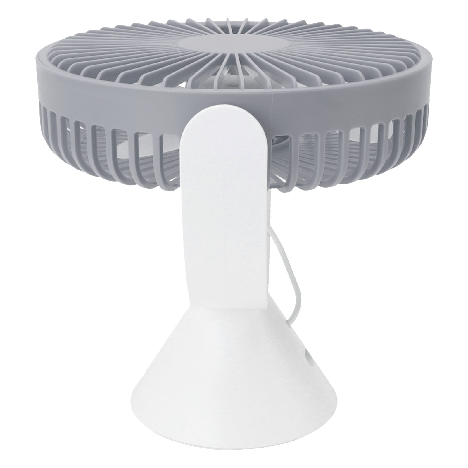 Ein grauer Tischventilator mit weißem Ständer steht auf weißem Grund.