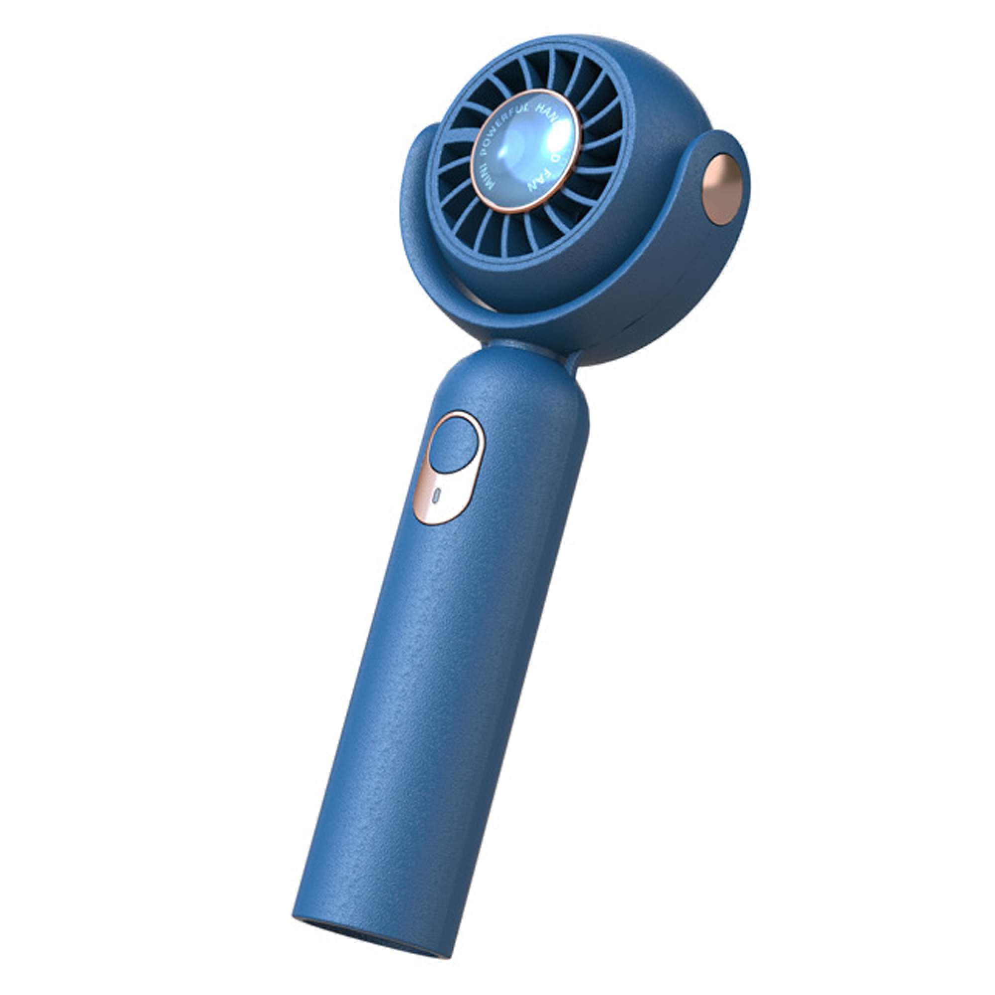 Ein blauer Handventilator mit einem runden Lüfterkopf und einem Griff.