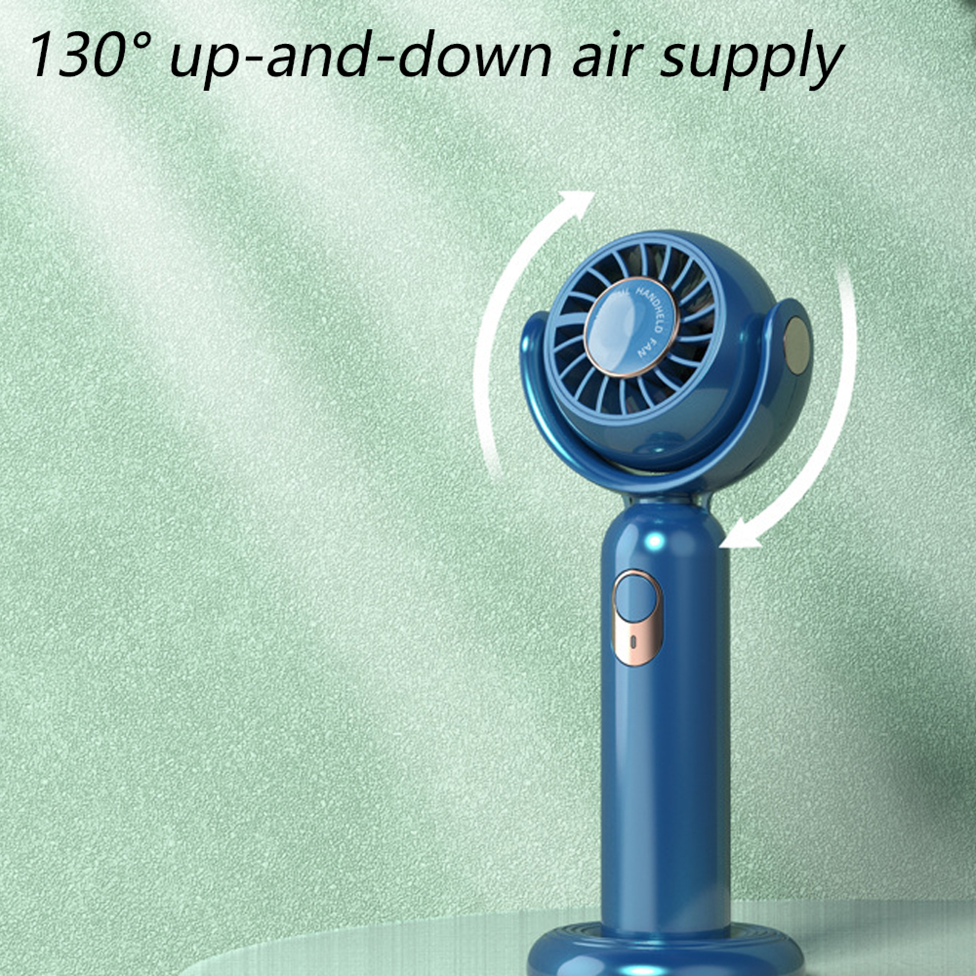 Ein blauer Ventilator mit 130° Luftstrom auf einem Schreibtisch.
