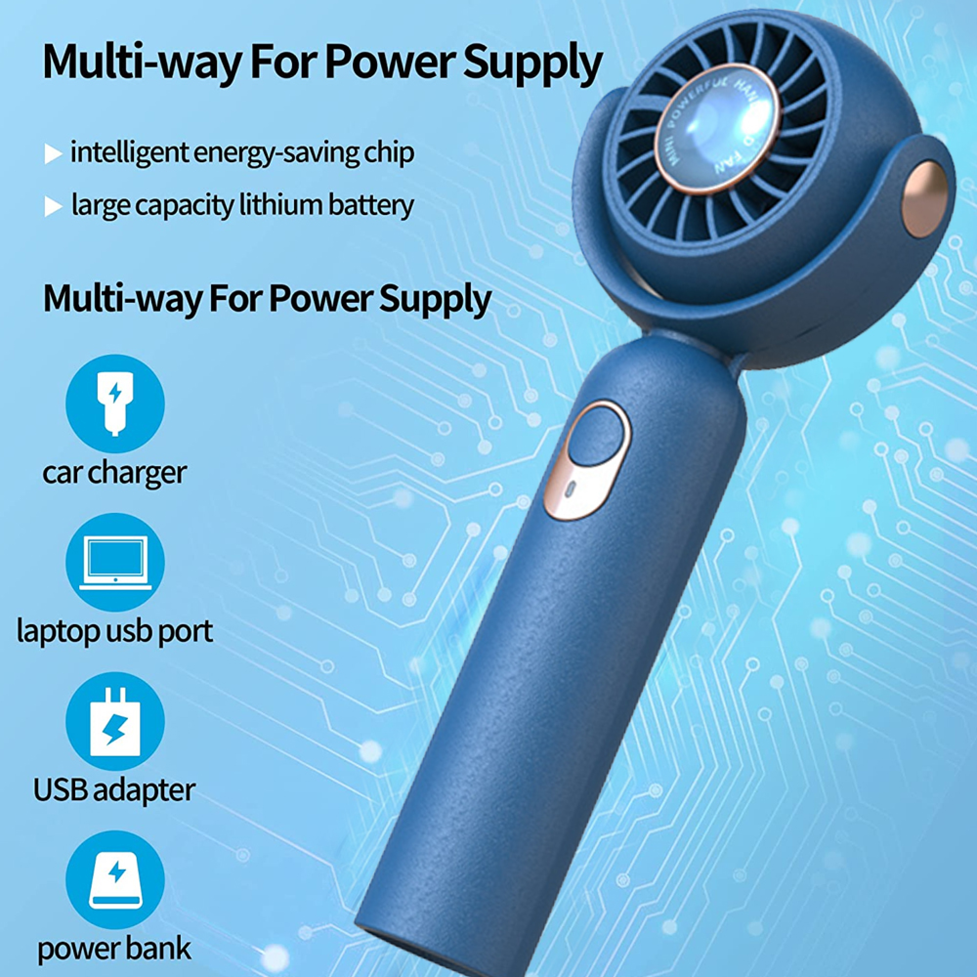 Ein blauer Handventilator mit Text über Stromversorgungsoptionen.