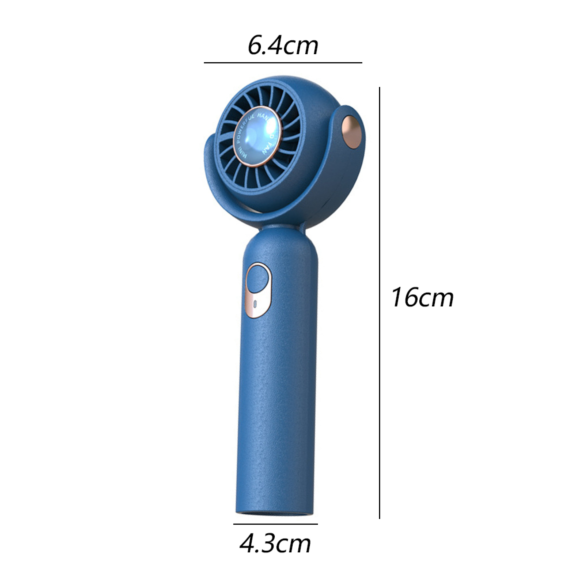 Ein blauer Handventilator mit Ladeanzeige und Maßangaben.