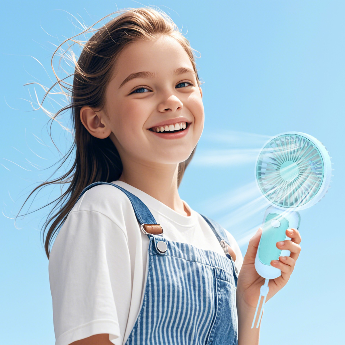 Ein Mädchen mit Latzhose hält einen Ventilator vor blauem Himmel.