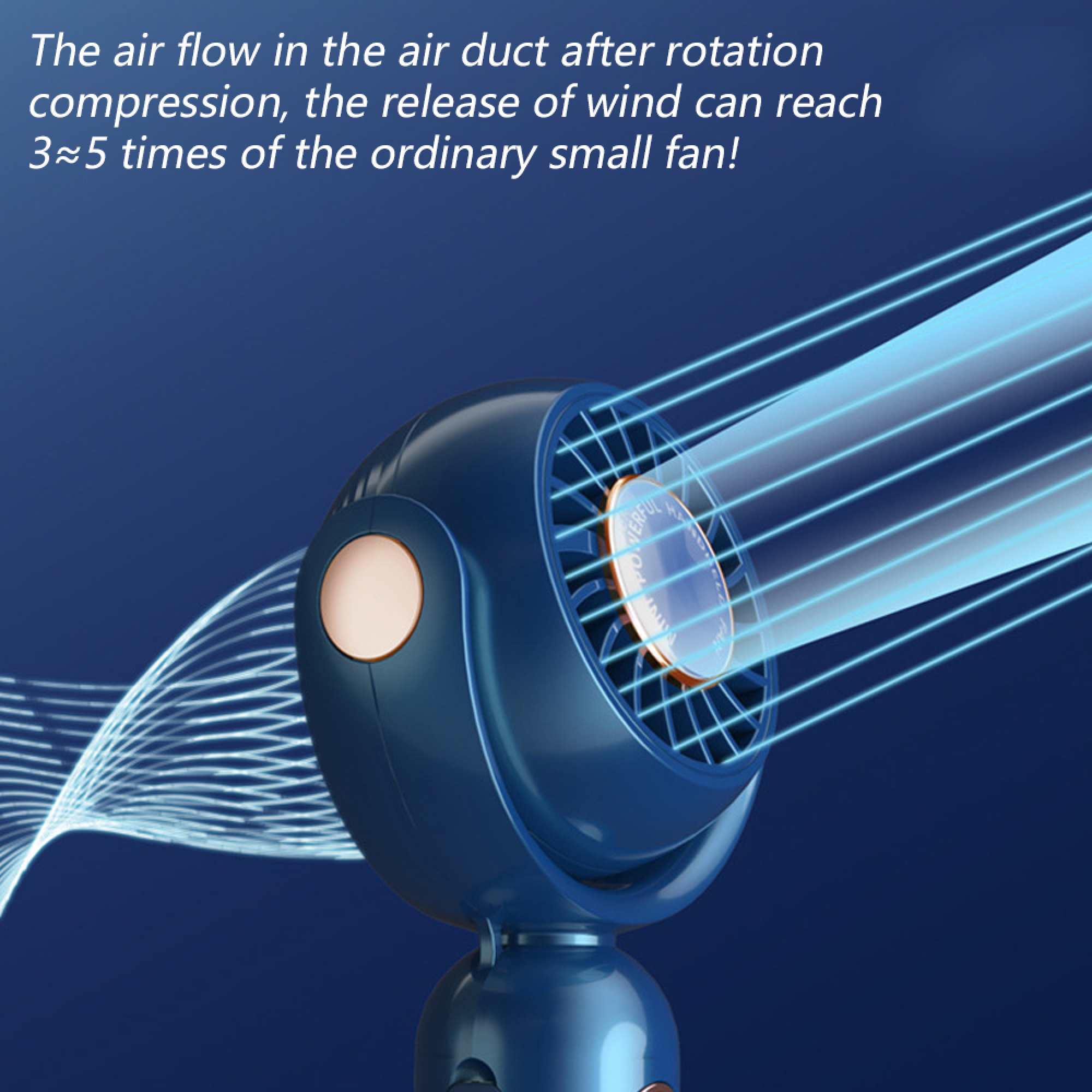 Ein blauer Ventilator mit Luftstromlinien auf blauem Hintergrund.