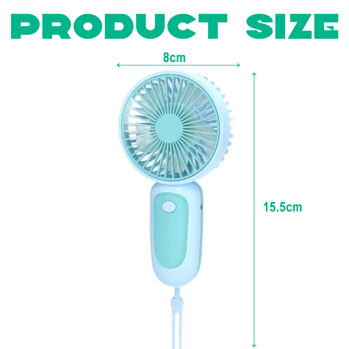 Ein tragbarer Ventilator mit 8cm Breite und 15,5cm Höhe.