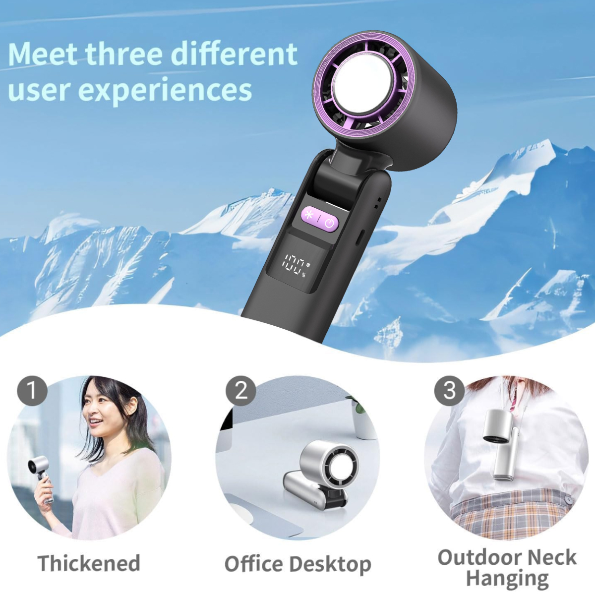 Ein tragbarer Ventilator, der auf drei Arten verwendet wird: Handheld, Schreibtisch und Nacken.