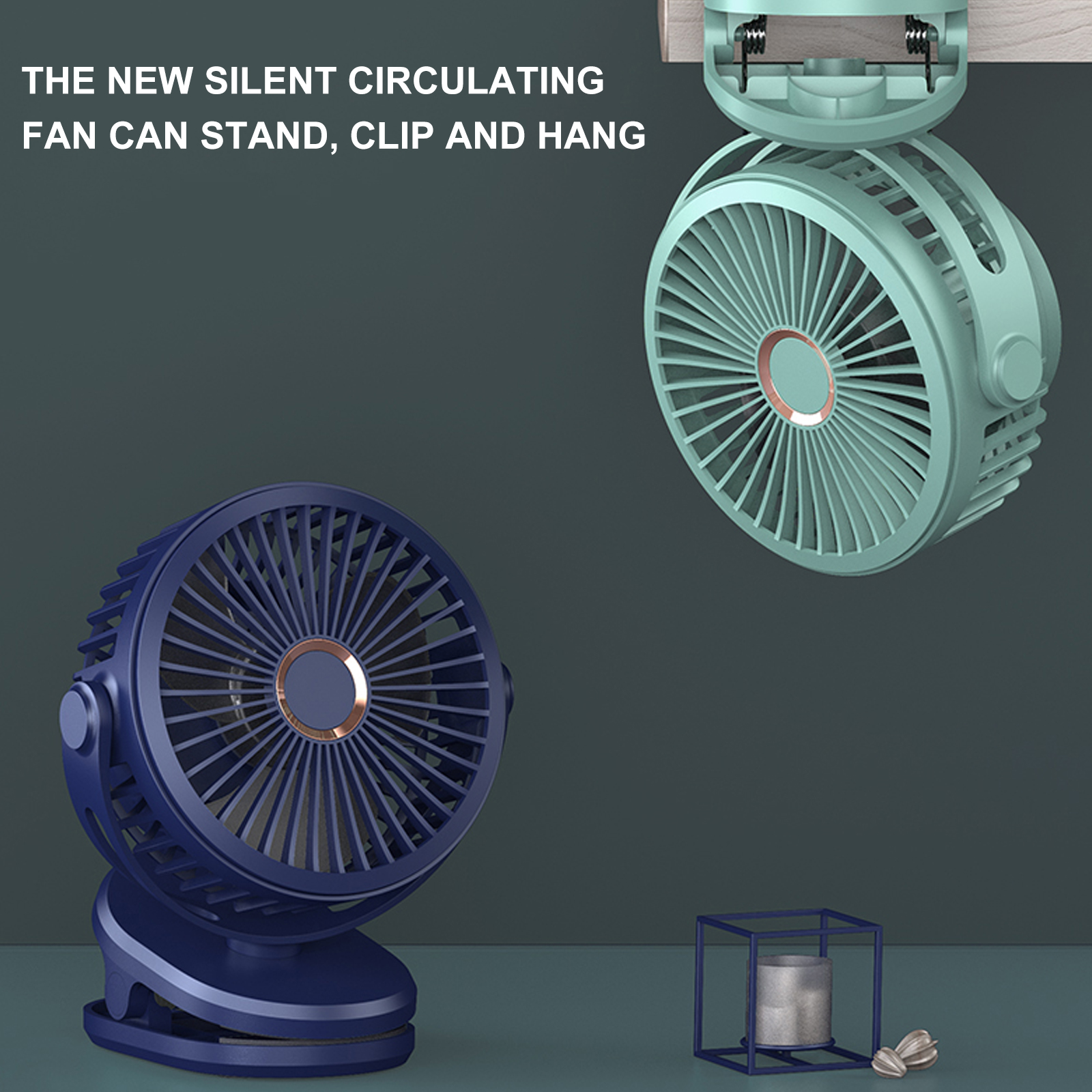 Ein blauer und ein mintgrüner Ventilator auf dunklem Hintergrund.