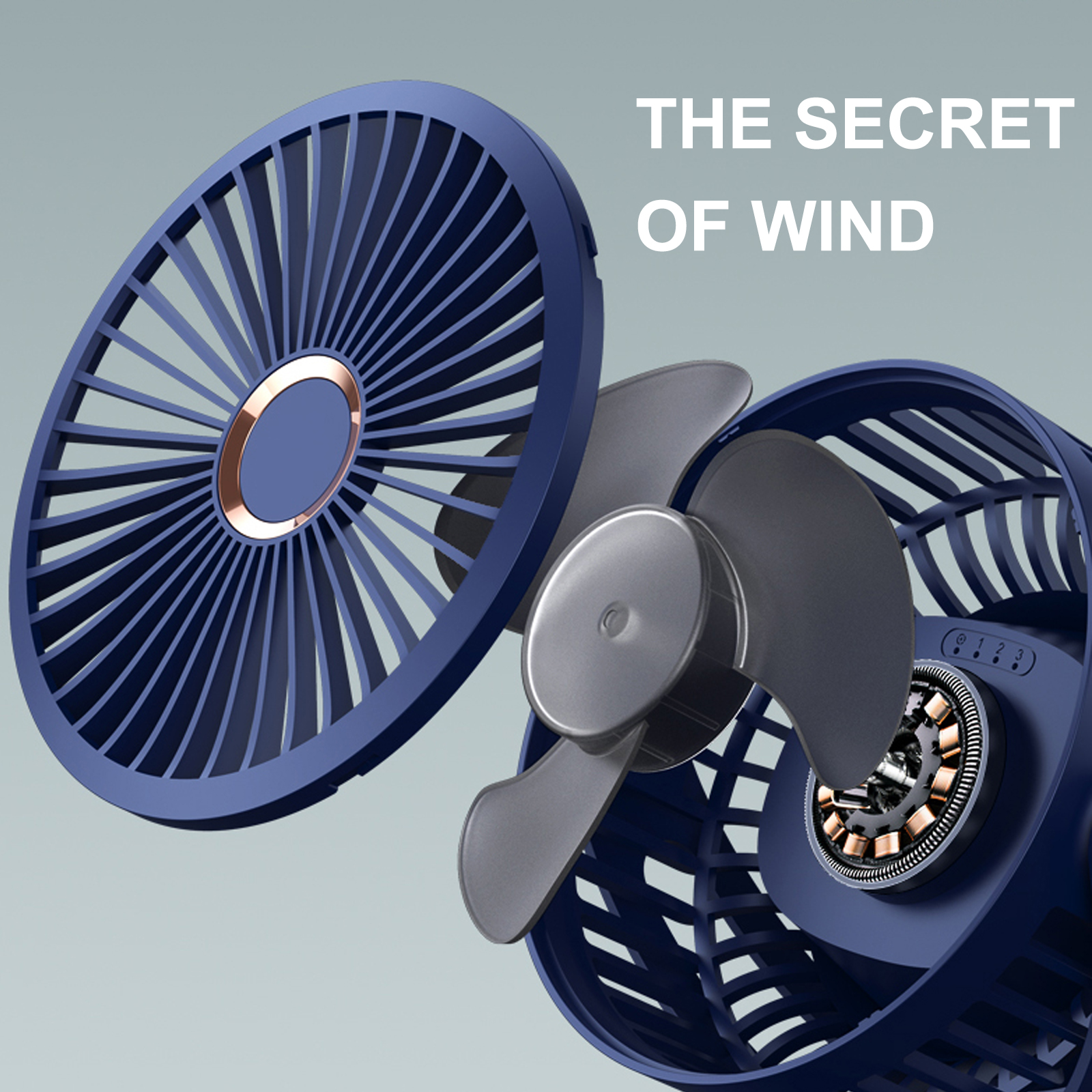 Ein blauer Ventilator mit Rotorblättern und Lüftergitter.