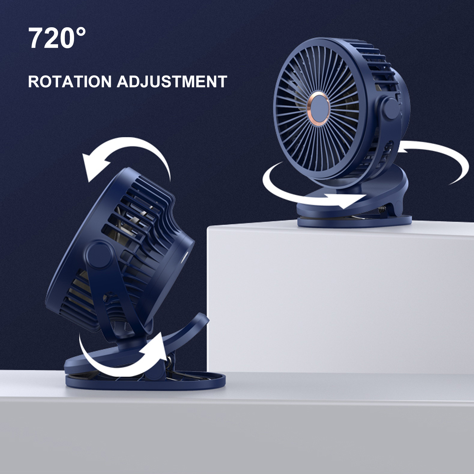 Zwei blaue Clip-on-Ventilatoren mit 720 Grad Drehverstellung.