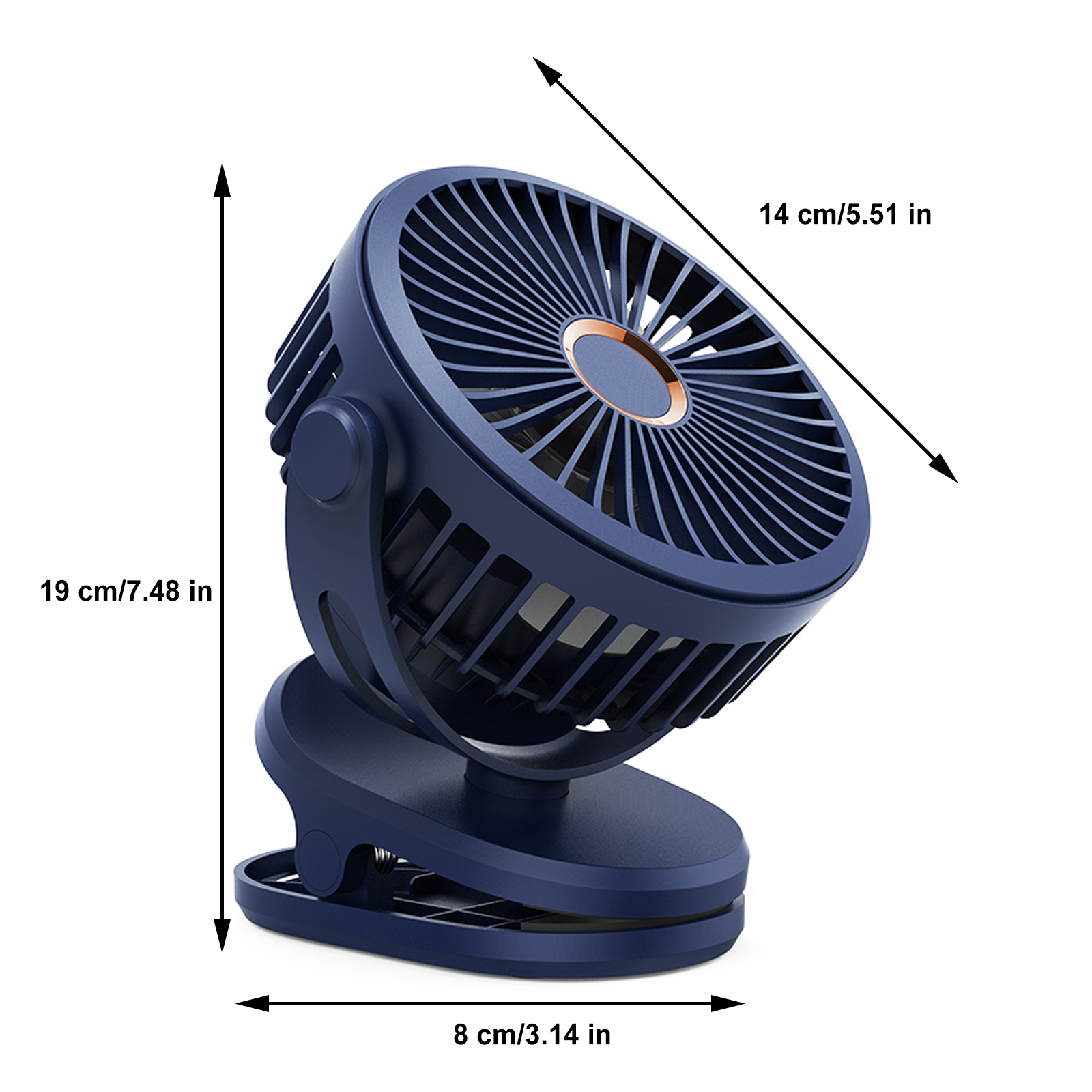 Ein dunkelblauer Clip-Ventilator mit Maßen von 19x14x8 cm.