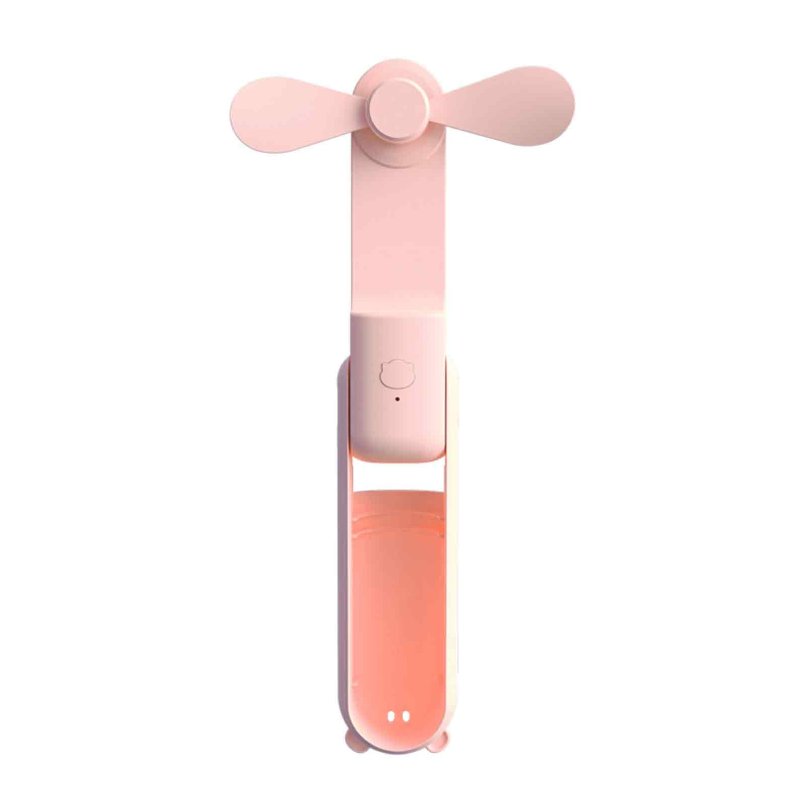 Ein kleiner, rosa, tragbarer Ventilator mit zwei Flügeln und einem Griff.