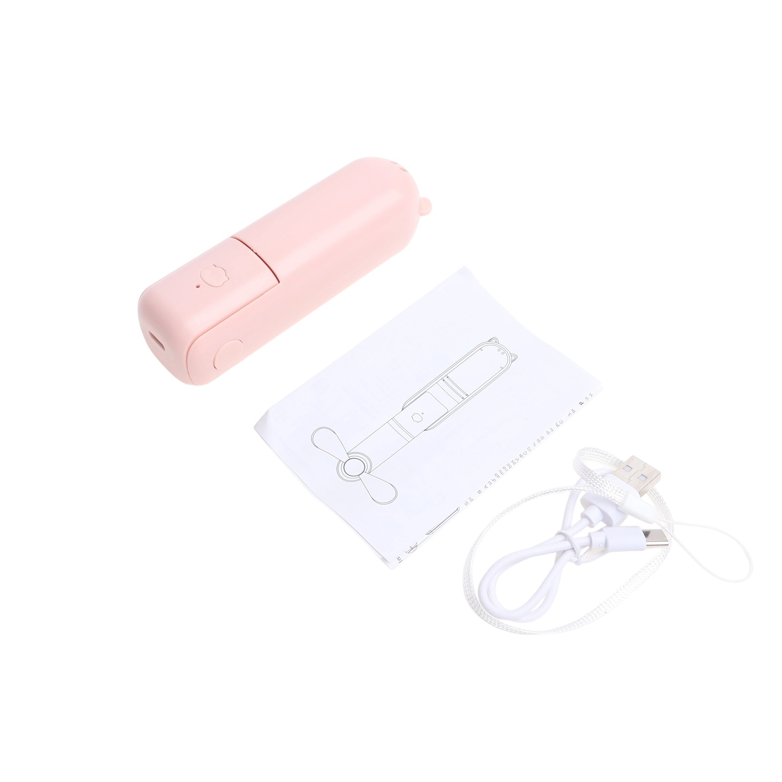 Ein rosafarbener Handventilator, Kabel und Anleitung auf weißem Hintergrund.