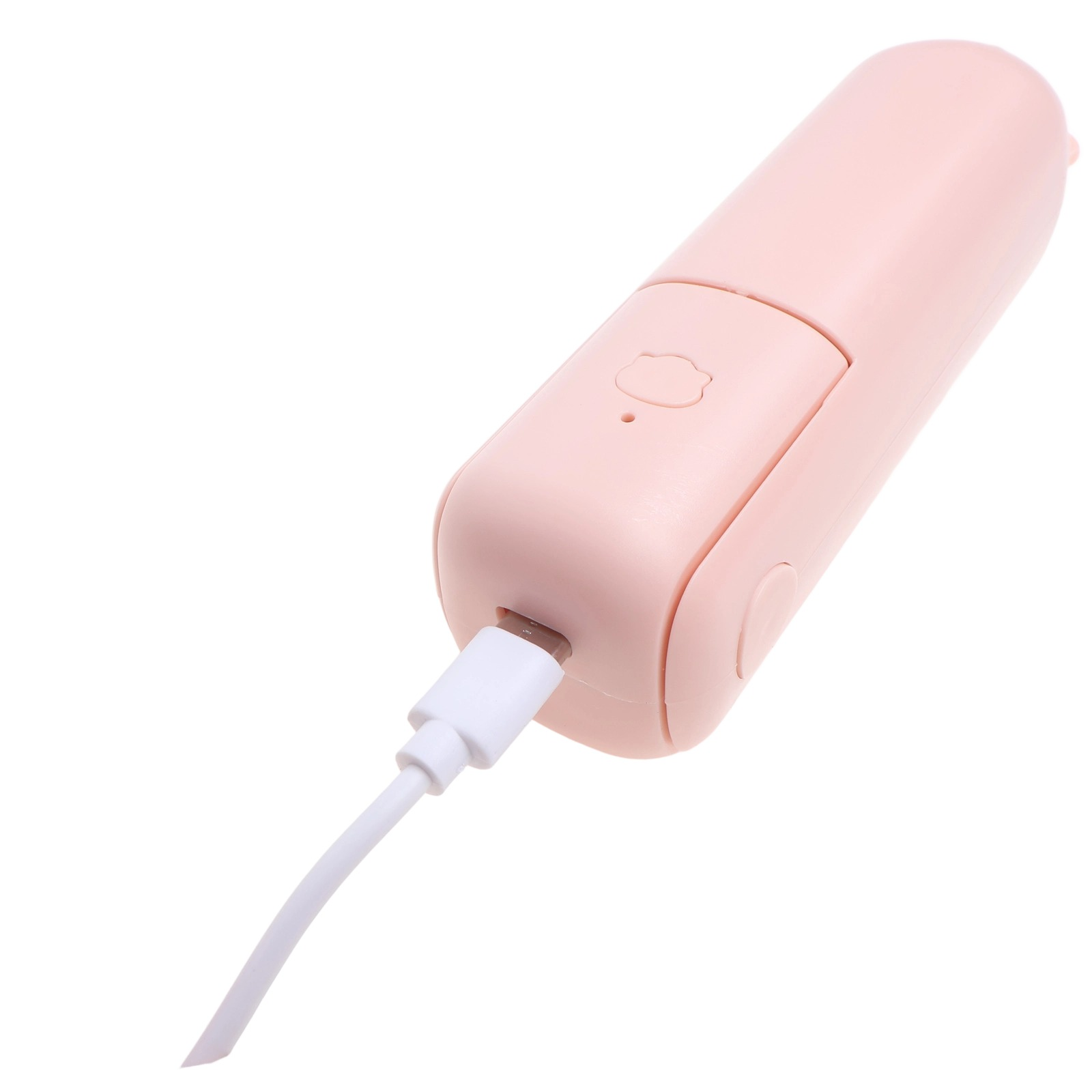 Ein rosafarbener, ovaler Handventilator mit USB-Anschluss und Wolkenknopf.