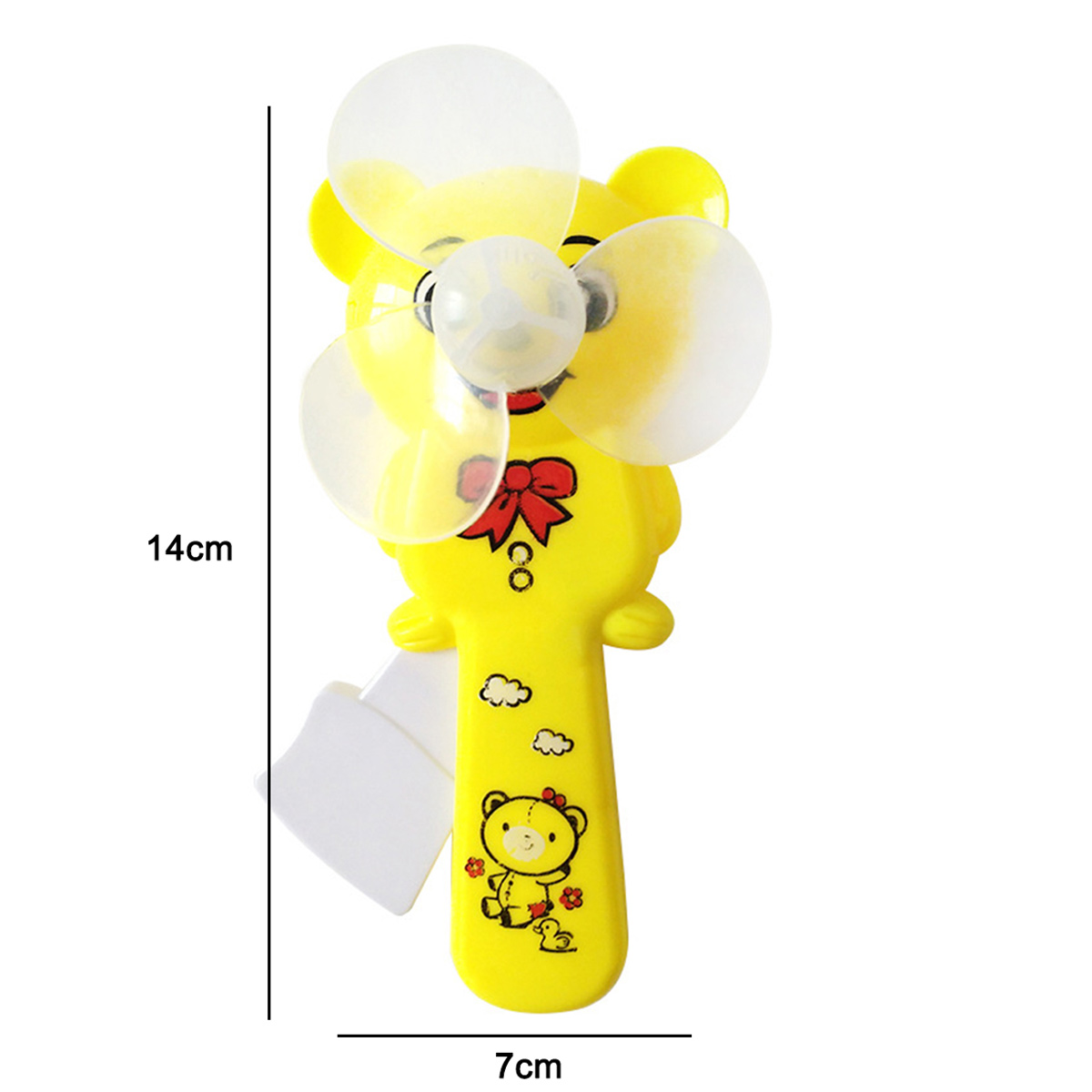 Ein gelber Ventilator in Bärenform mit Flügeln und einem roten Band.