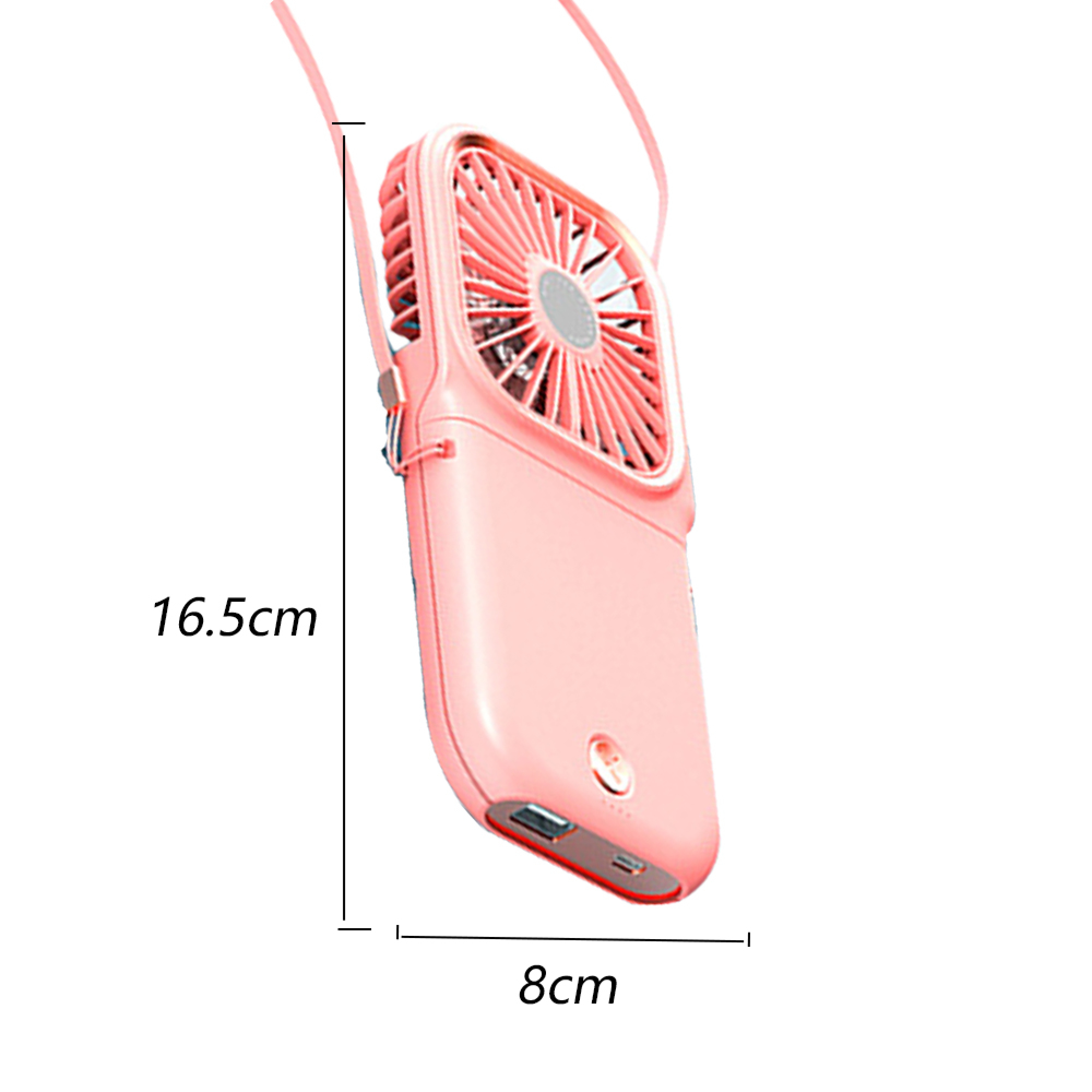 Ein kleiner rosafarbener Ventilator mit Trageband und Größenangaben.