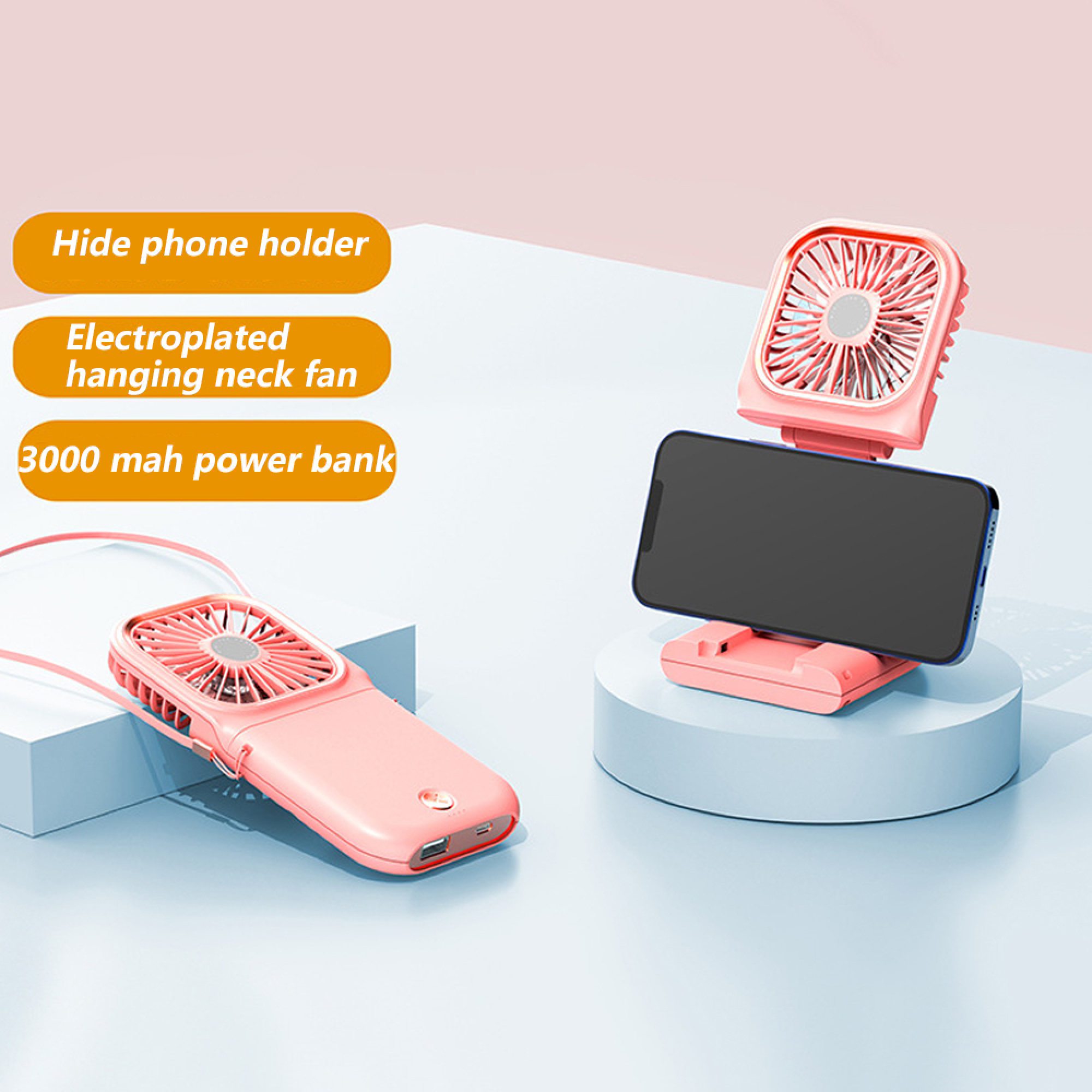 Pinker Nackenfächer mit Handyhalterung und 3000mAh Powerbank.