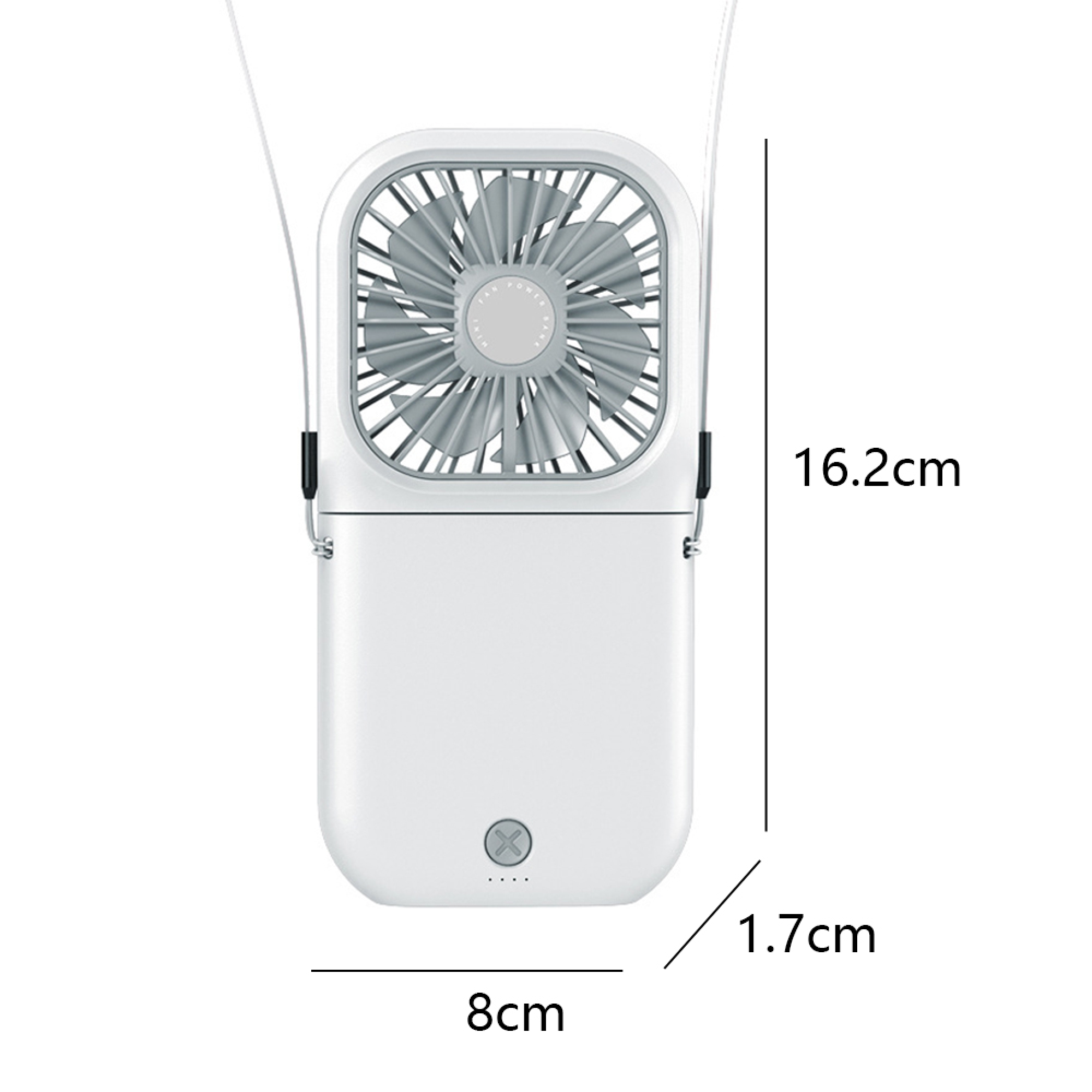 Ein weißer tragbarer Ventilator mit den Maßen 16,2cm x 8cm x 1,7cm.
