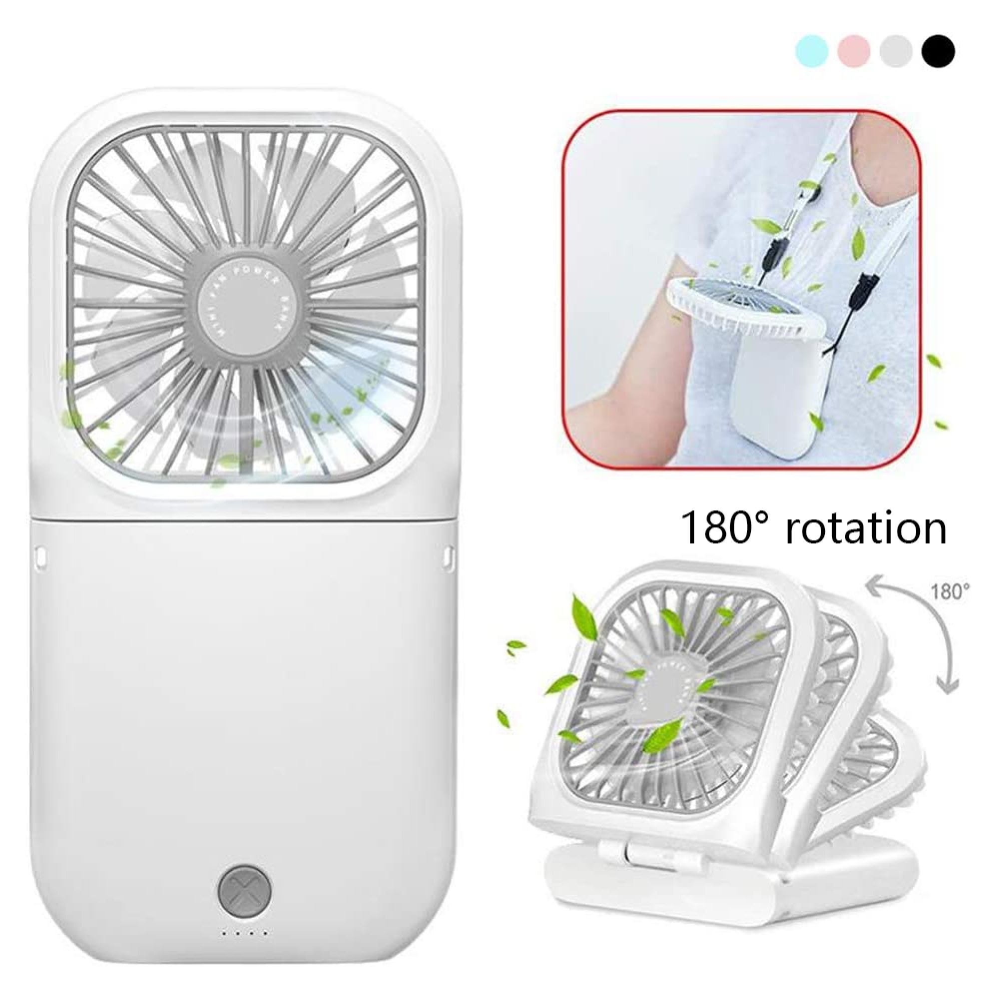 Weißer tragbarer Ventilator mit Flügeln, um den Hals getragen und drehend.