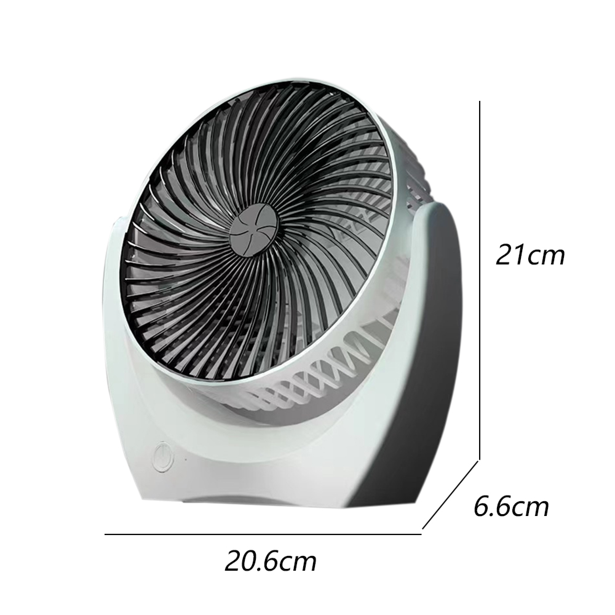 Ein weißer Ventilator mit schwarzem Gitter. Maße 21x20,6x6,6 cm.