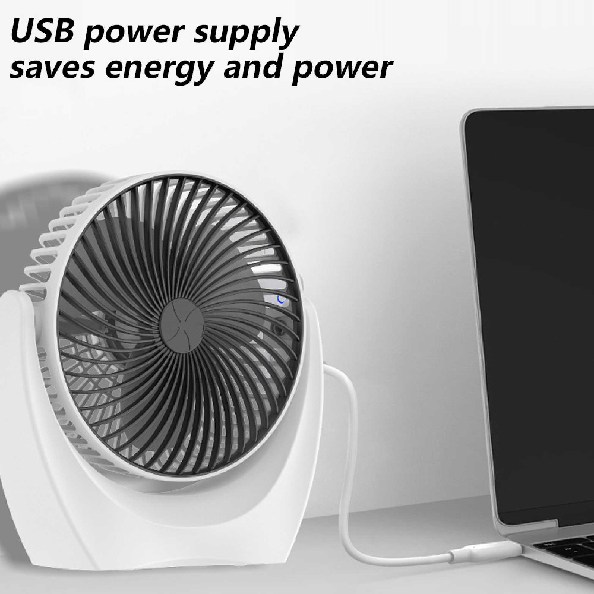 Ein weißer USB-Ventilator ist an einen Laptop auf einem Schreibtisch angeschlossen.