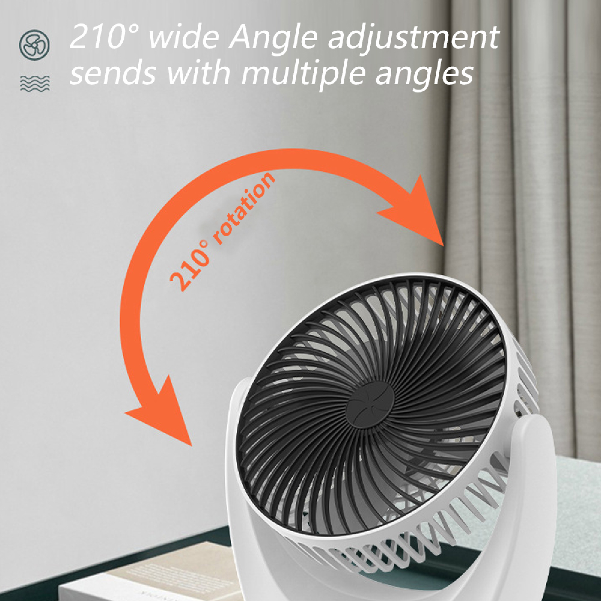 Ein weißer Ventilator mit 210 Grad Rotation und schwarzem Gitter.