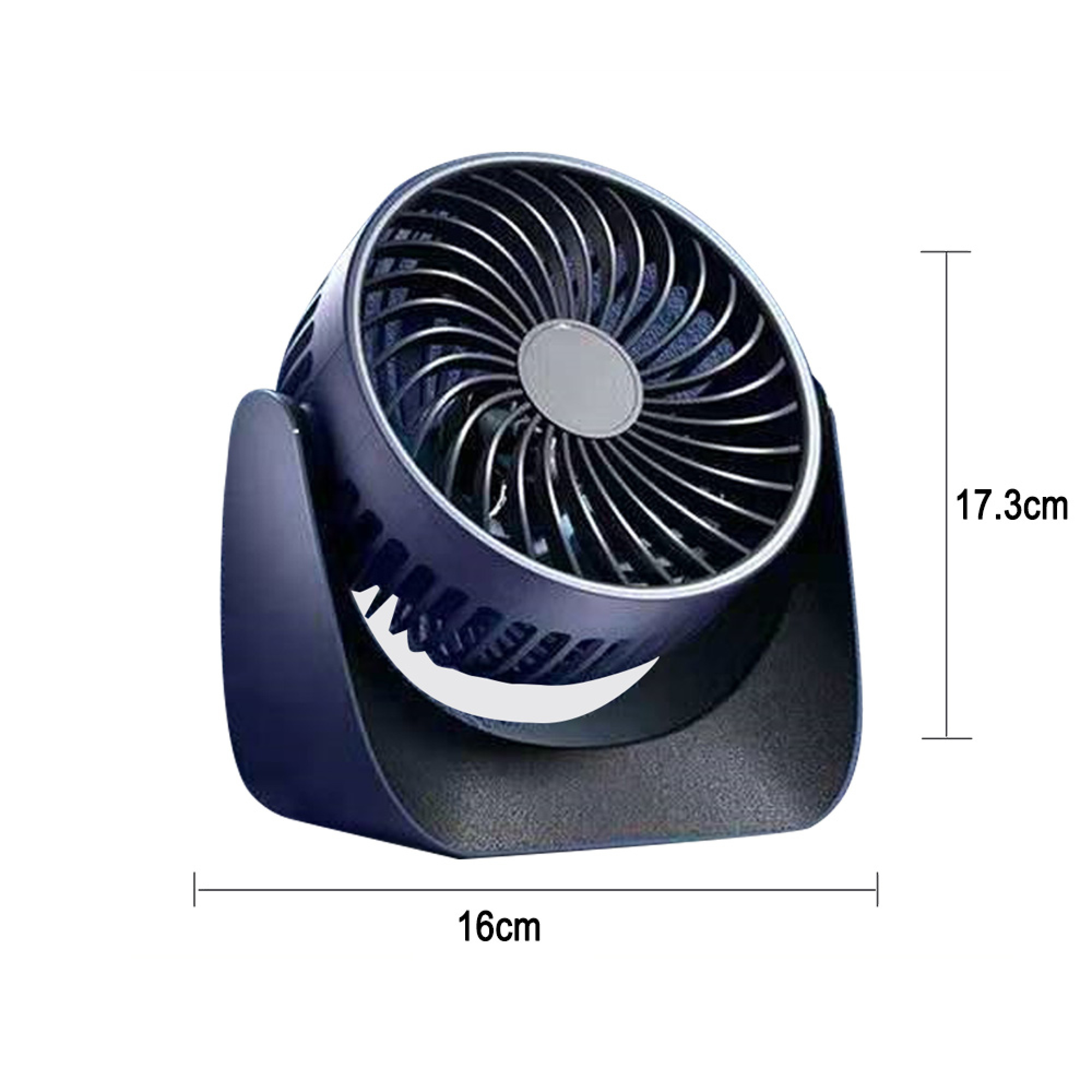 Ein kleiner, dunkler Ventilator mit silbernen Rotorblättern und einem grauen Mittelteil.