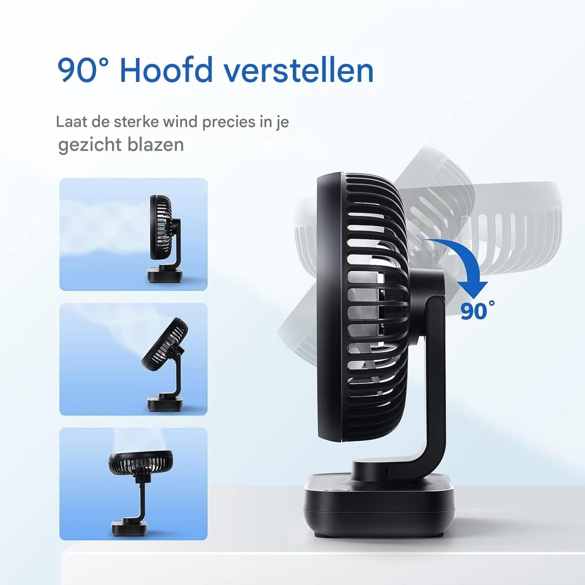 Ein schwarzer Ventilator mit verstellbarem Kopf, der 90 Grad schwenkt.