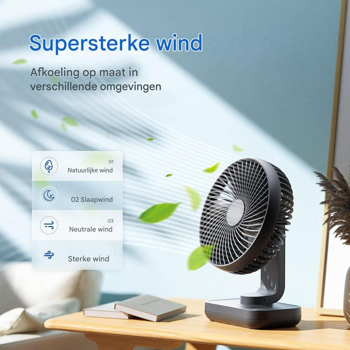 Ein schwarzer Ventilator steht auf einem Holztisch, mit Blättern, die darum schweben.